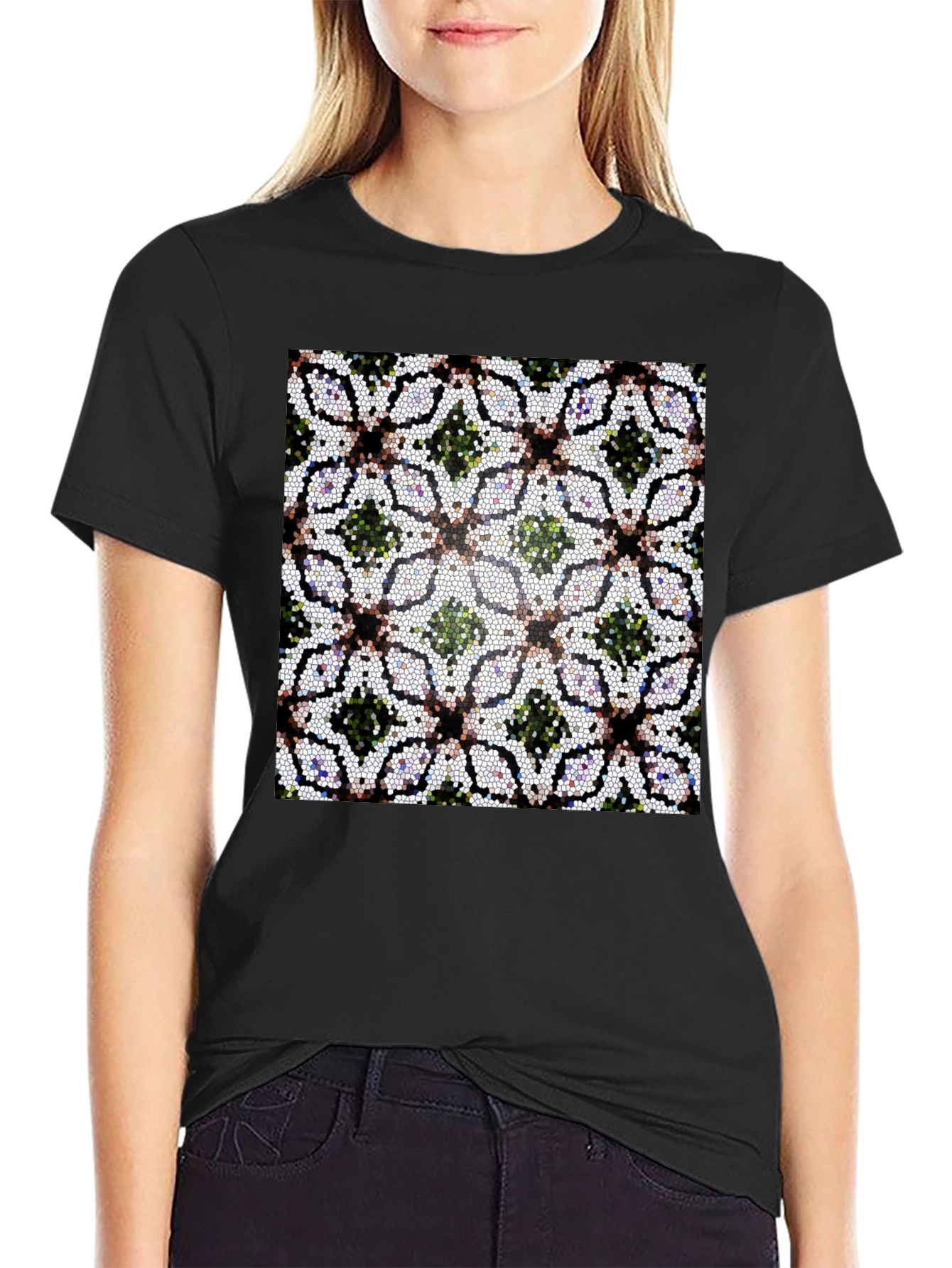 Mosaic Floral Pattern Black T-Shirt