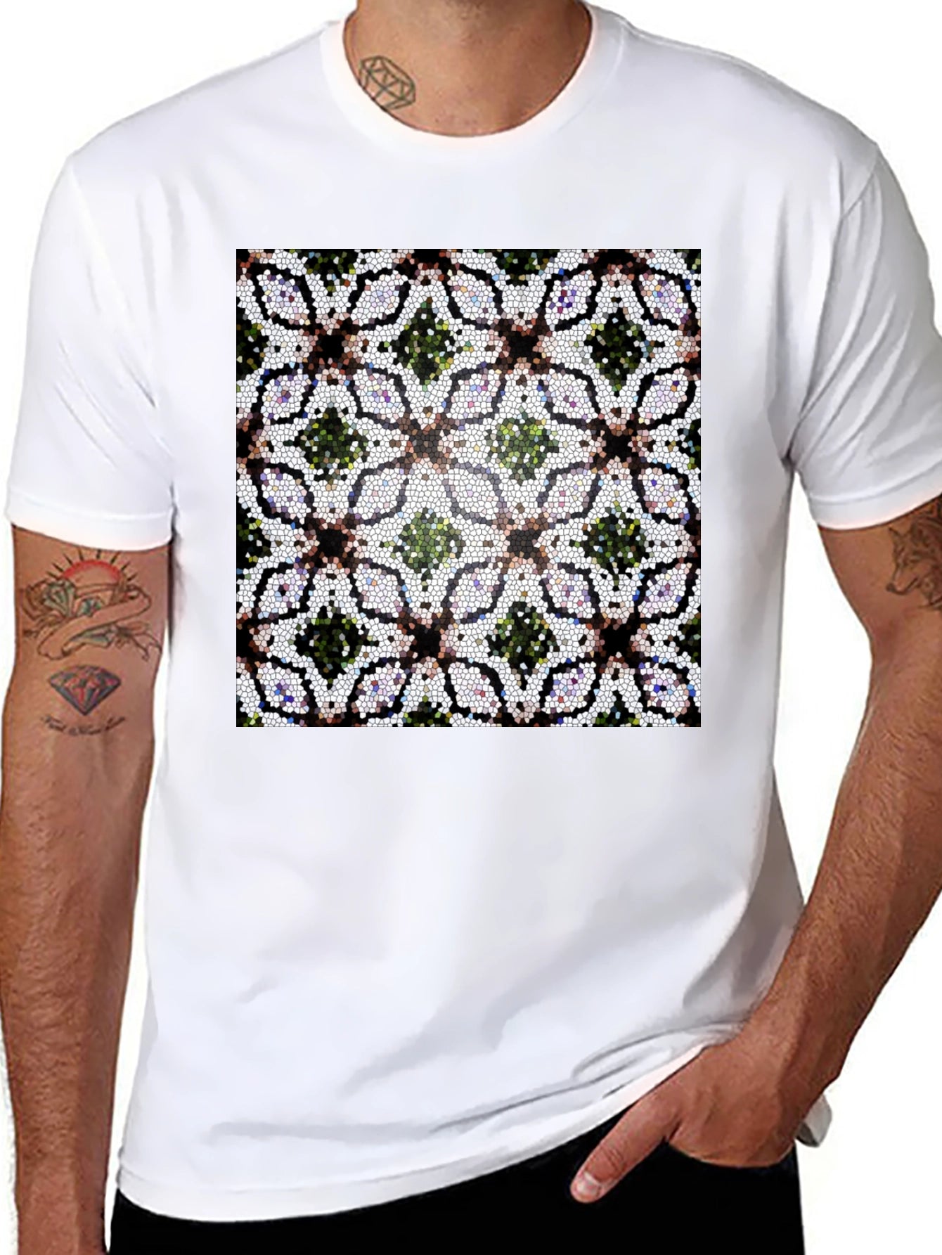 Mosaic Floral Pattern Black T-Shirt