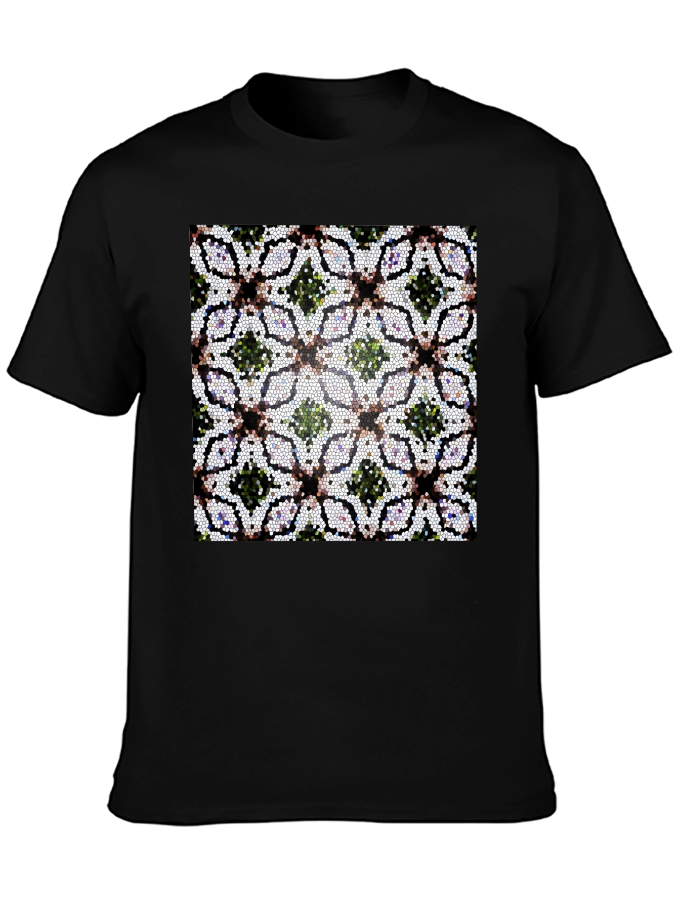 Mosaic Floral Pattern Black T-Shirt