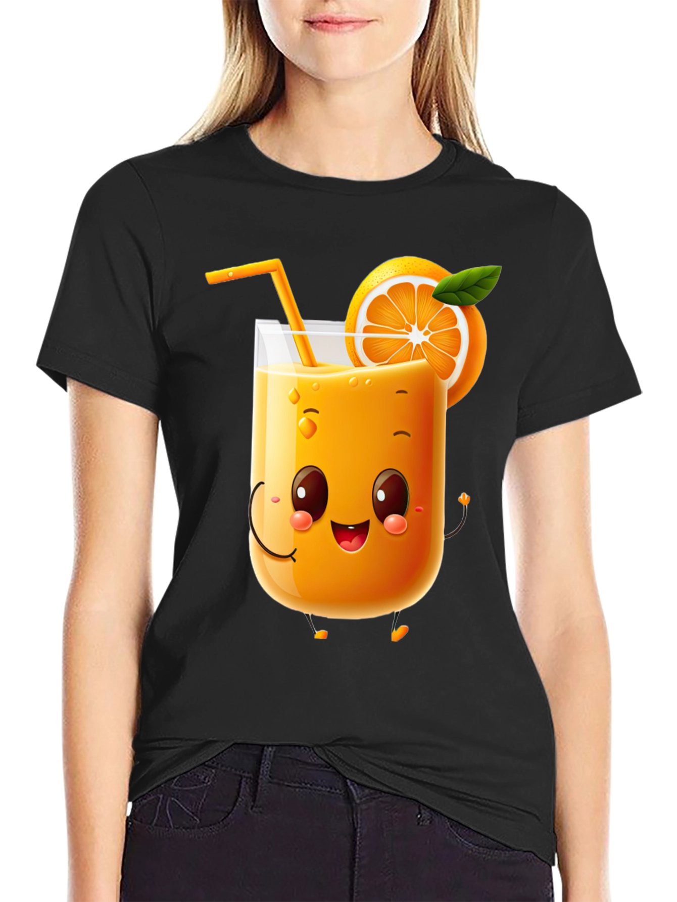 Fun Orange Juice Cartoon Black T-Shirt