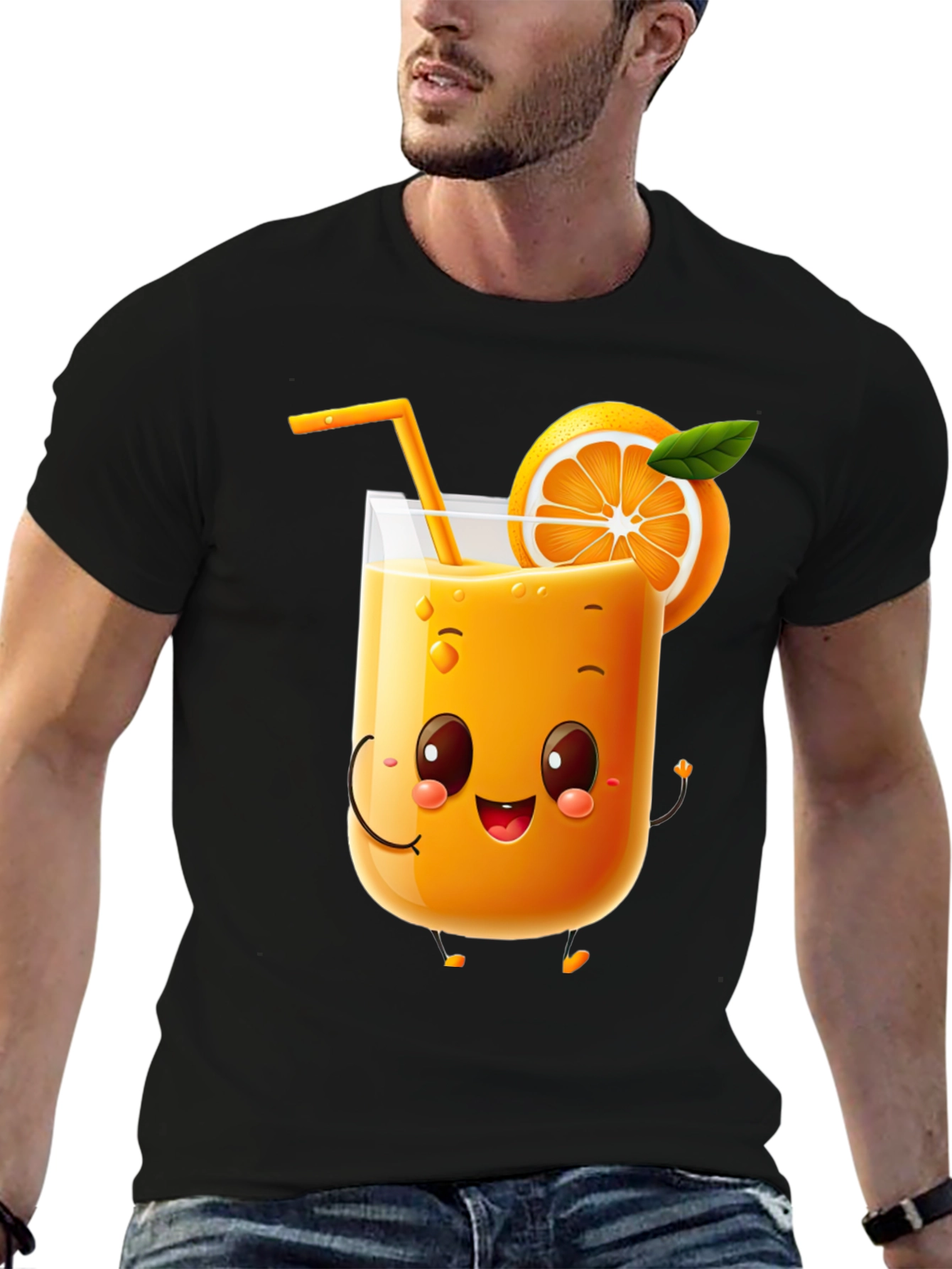 Fun Orange Juice Cartoon Black T-Shirt