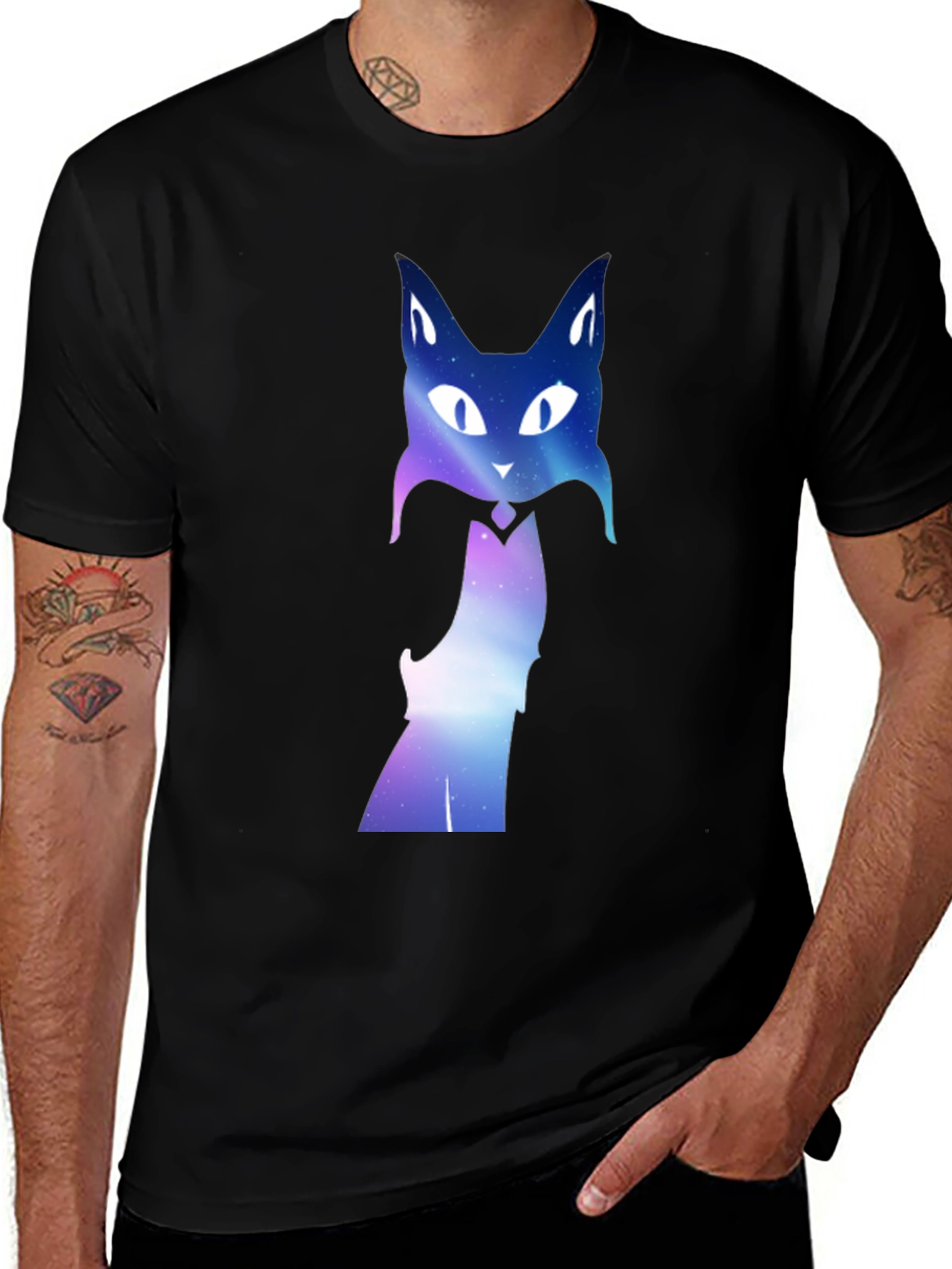 Galaxy Cat Graphic Tee - Black Crew Neck T-Shirt