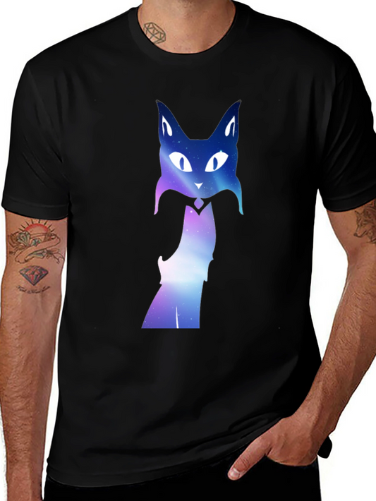 Galaxy Cat Graphic Tee - Black Crew Neck T-Shirt
