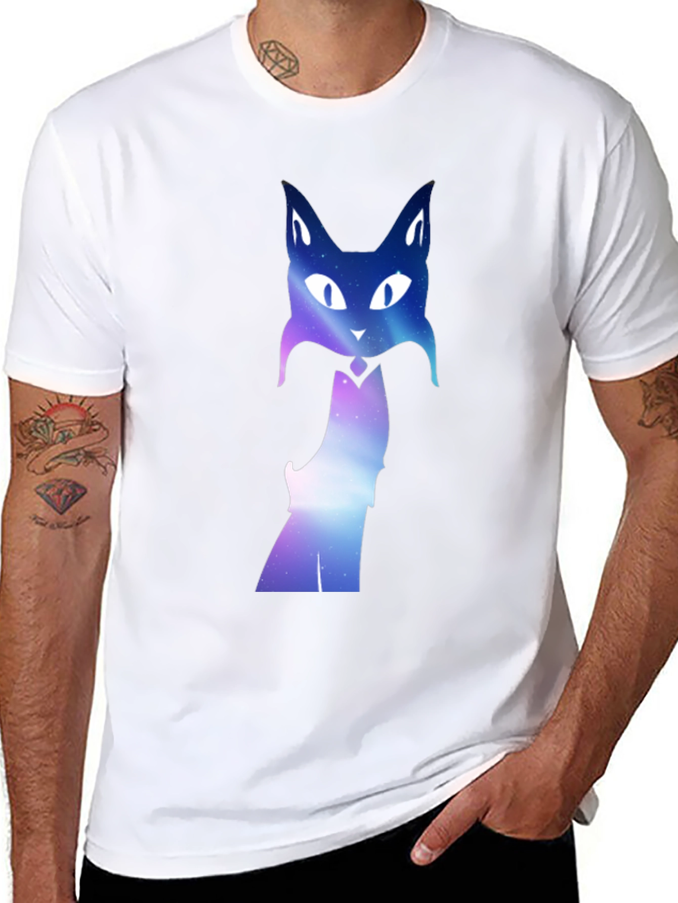 Galaxy Cat Graphic Tee - Black Crew Neck T-Shirt