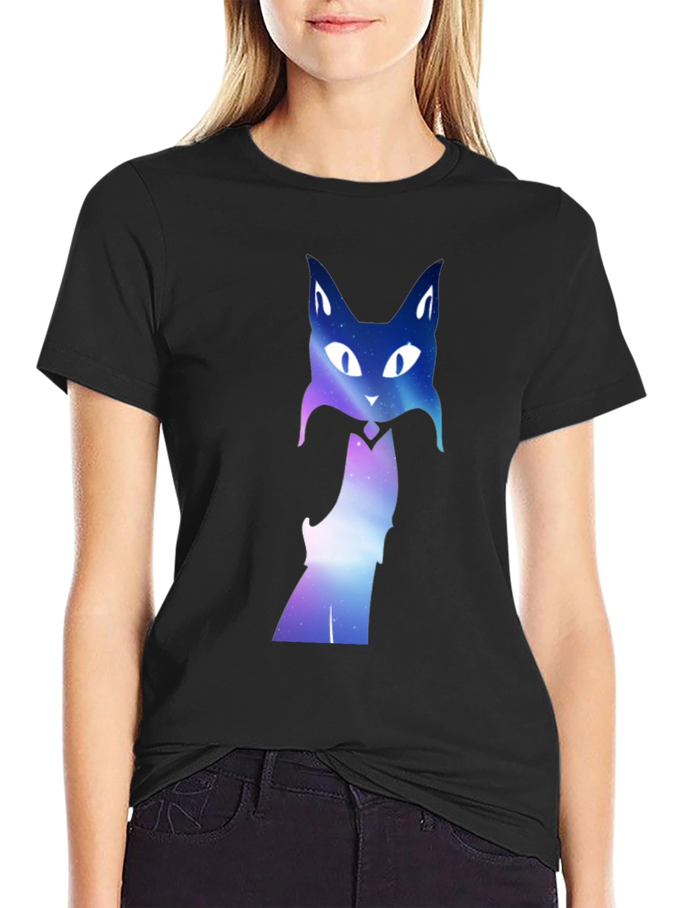 Galaxy Cat Graphic Tee - Black Crew Neck T-Shirt