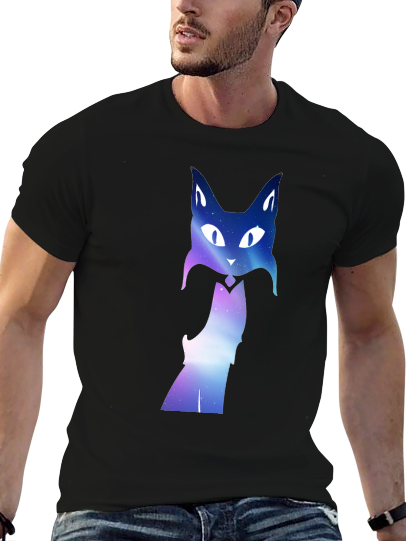 Galaxy Cat Graphic Tee - Black Crew Neck T-Shirt