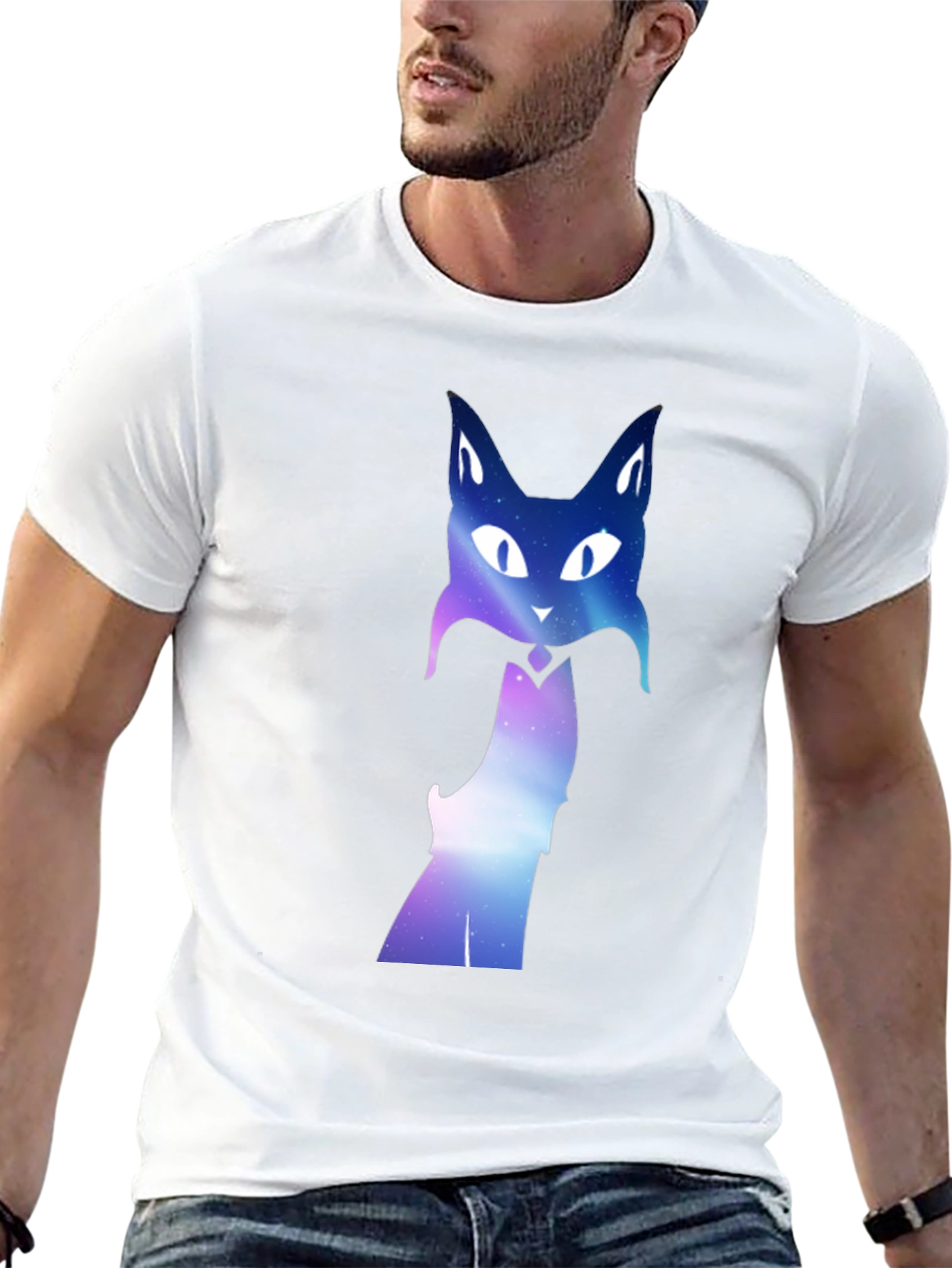 Galaxy Cat Graphic Tee - Black Crew Neck T-Shirt
