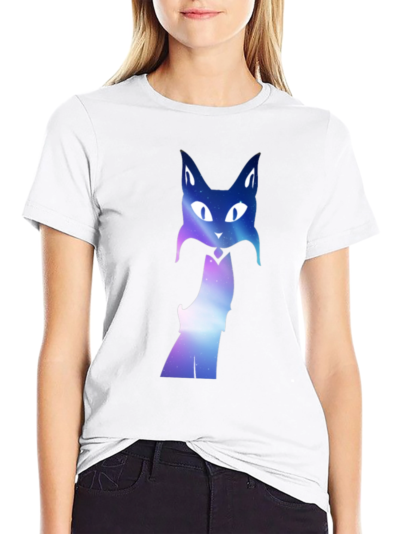Galaxy Cat Graphic Tee - Black Crew Neck T-Shirt