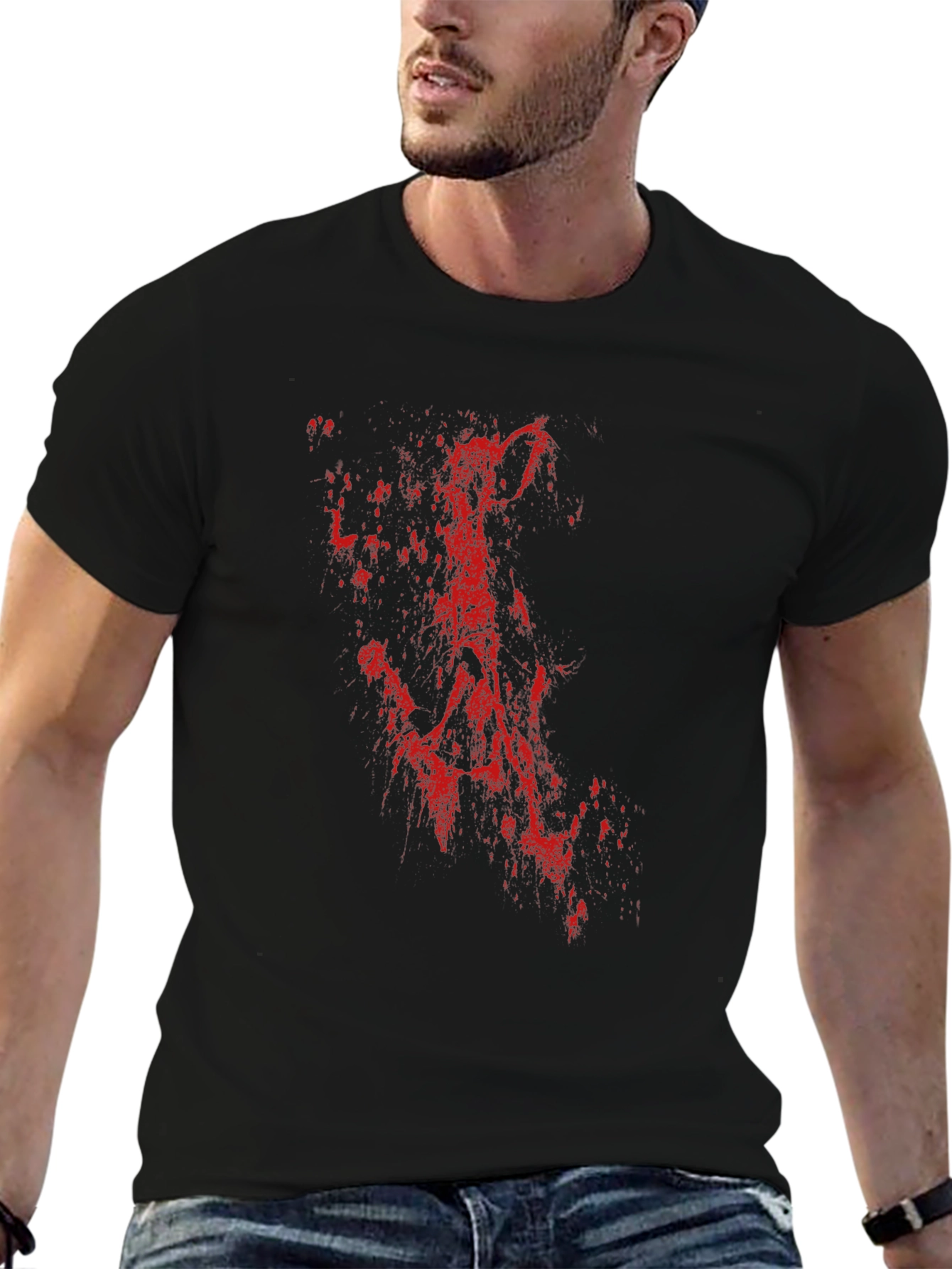 Mens Black T-Shirt with Red Abstract Print