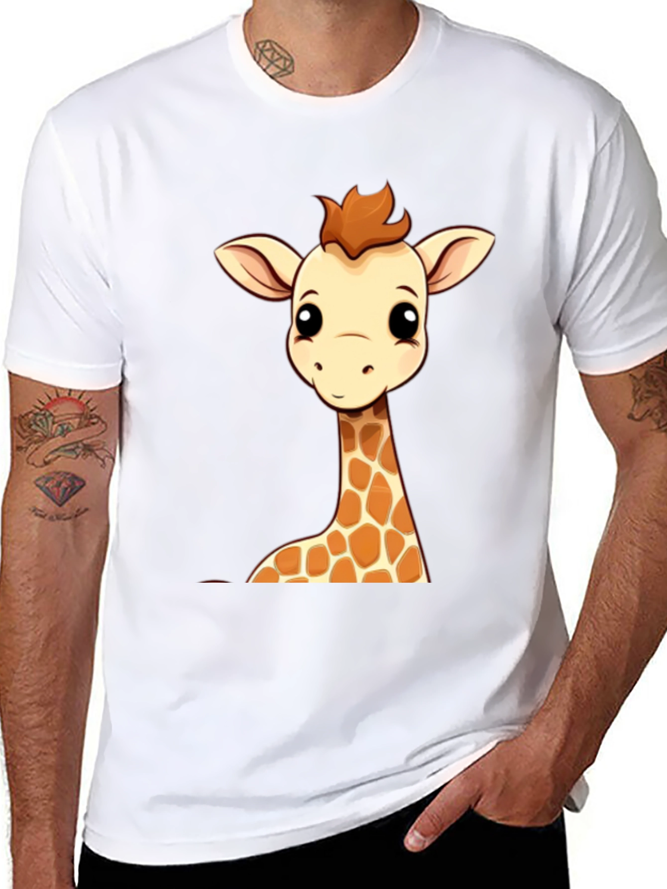 Giraffe Cartoon Graphic Print Black Tee