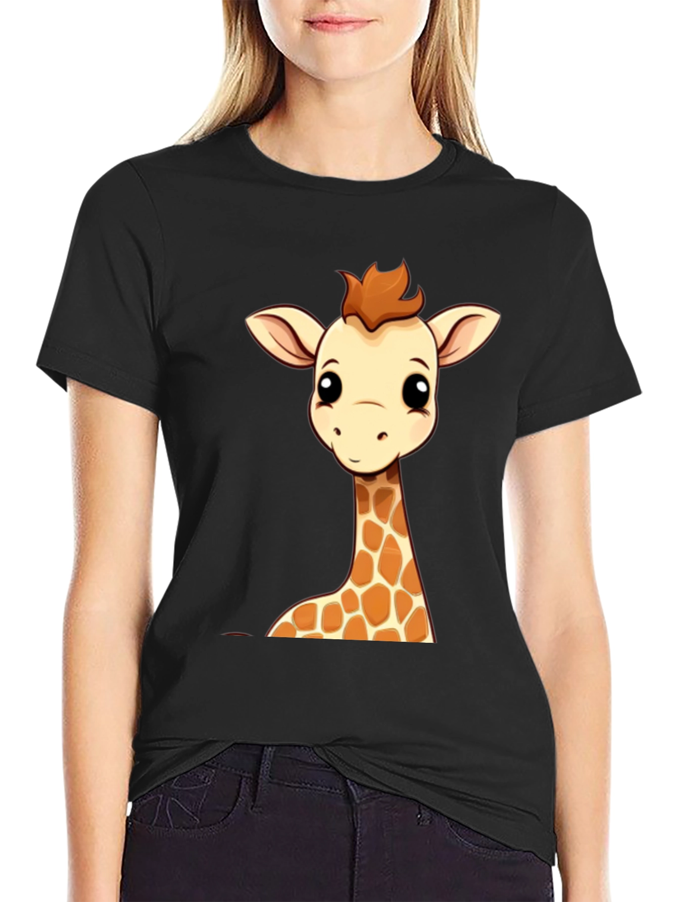Giraffe Cartoon Graphic Print Black Tee