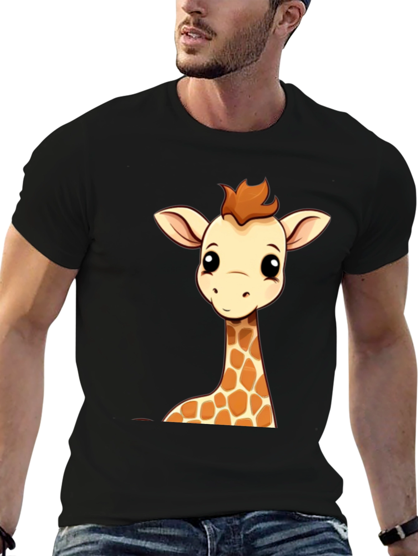 Giraffe Cartoon Graphic Print Black Tee