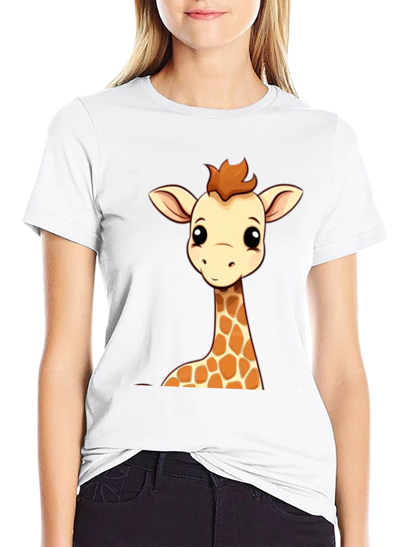 Giraffe Cartoon Graphic Print Black Tee