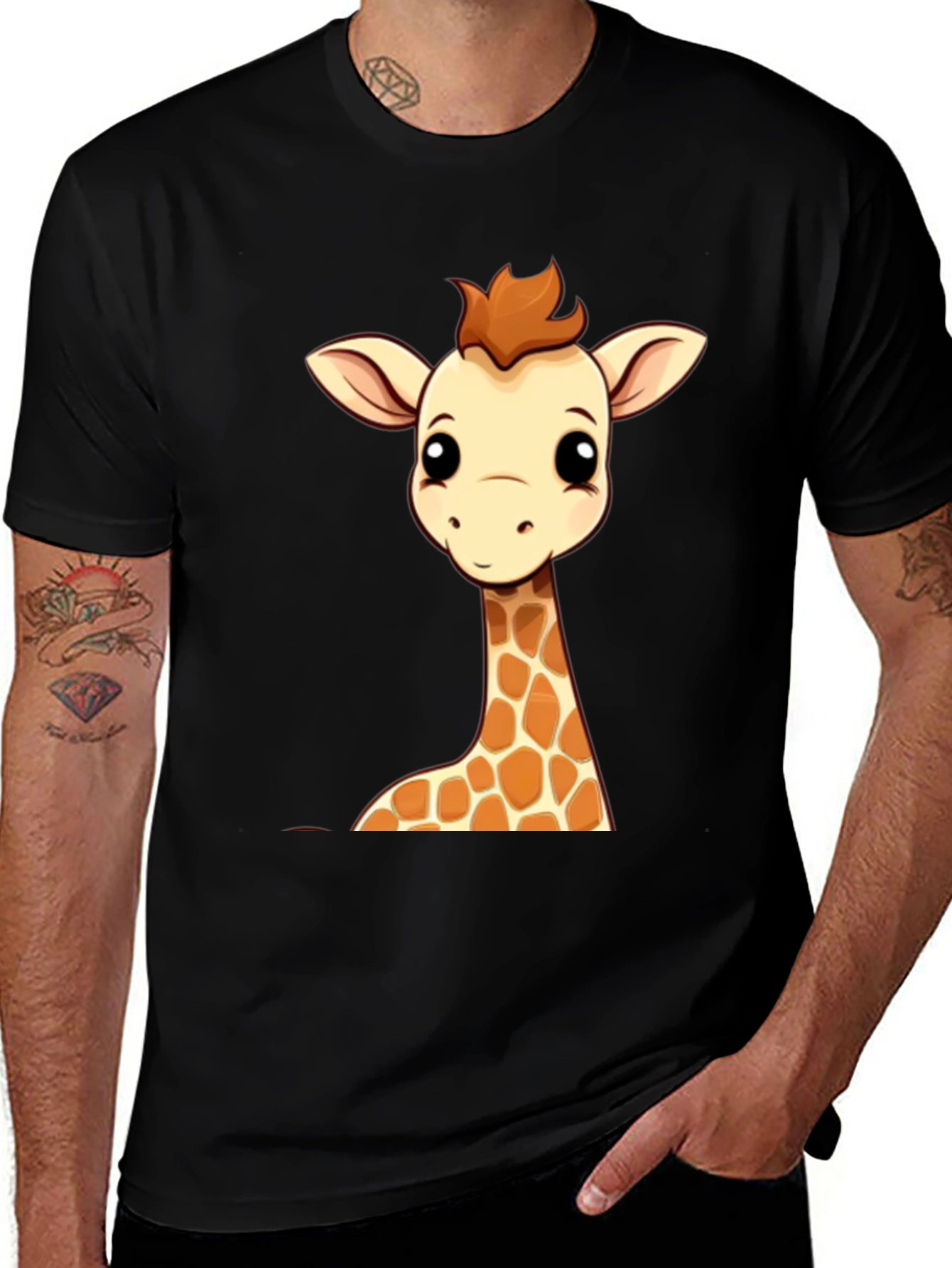 Giraffe Cartoon Graphic Print Black Tee