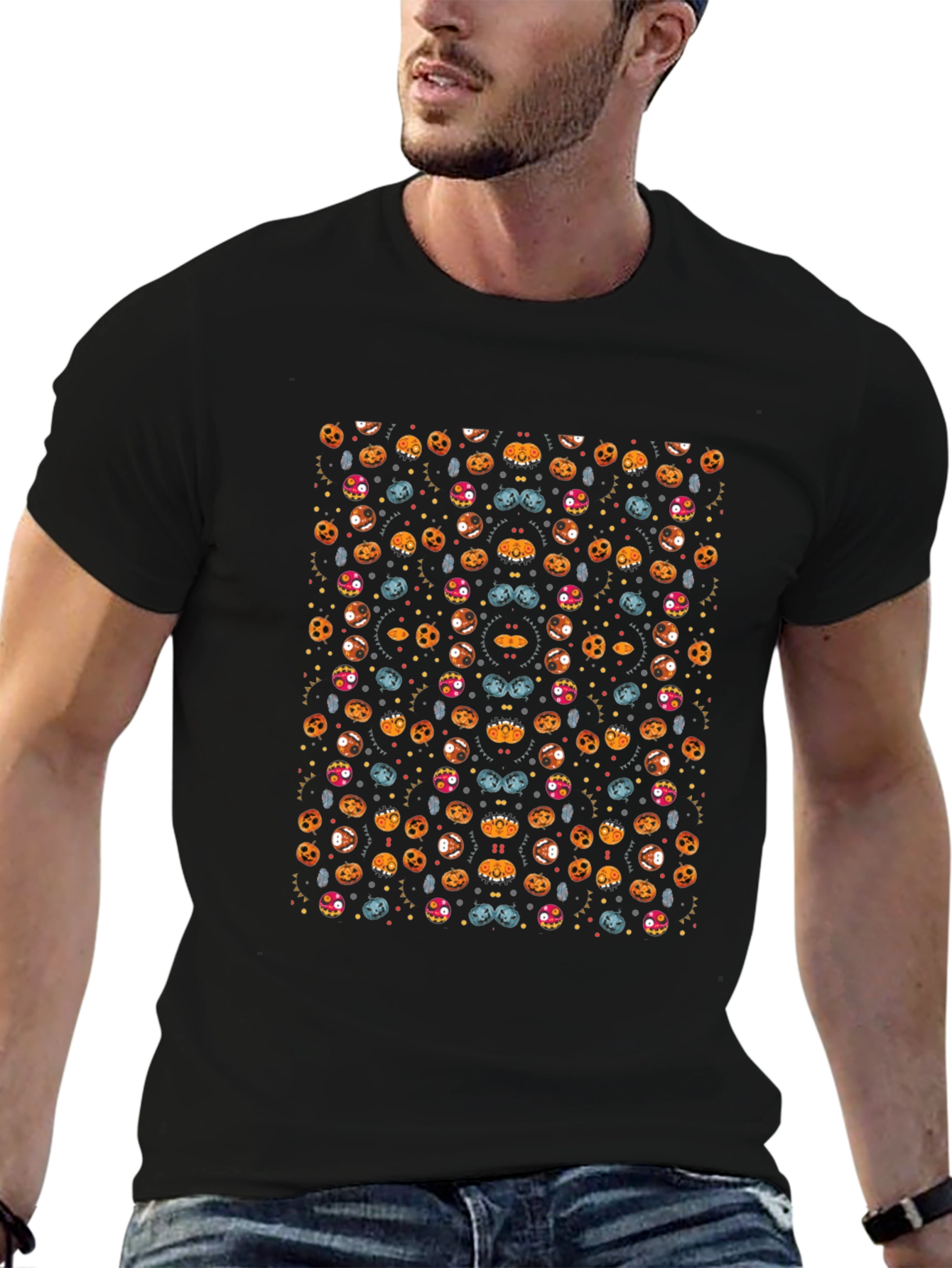 Spooky Halloween Pattern Black T-Shirt