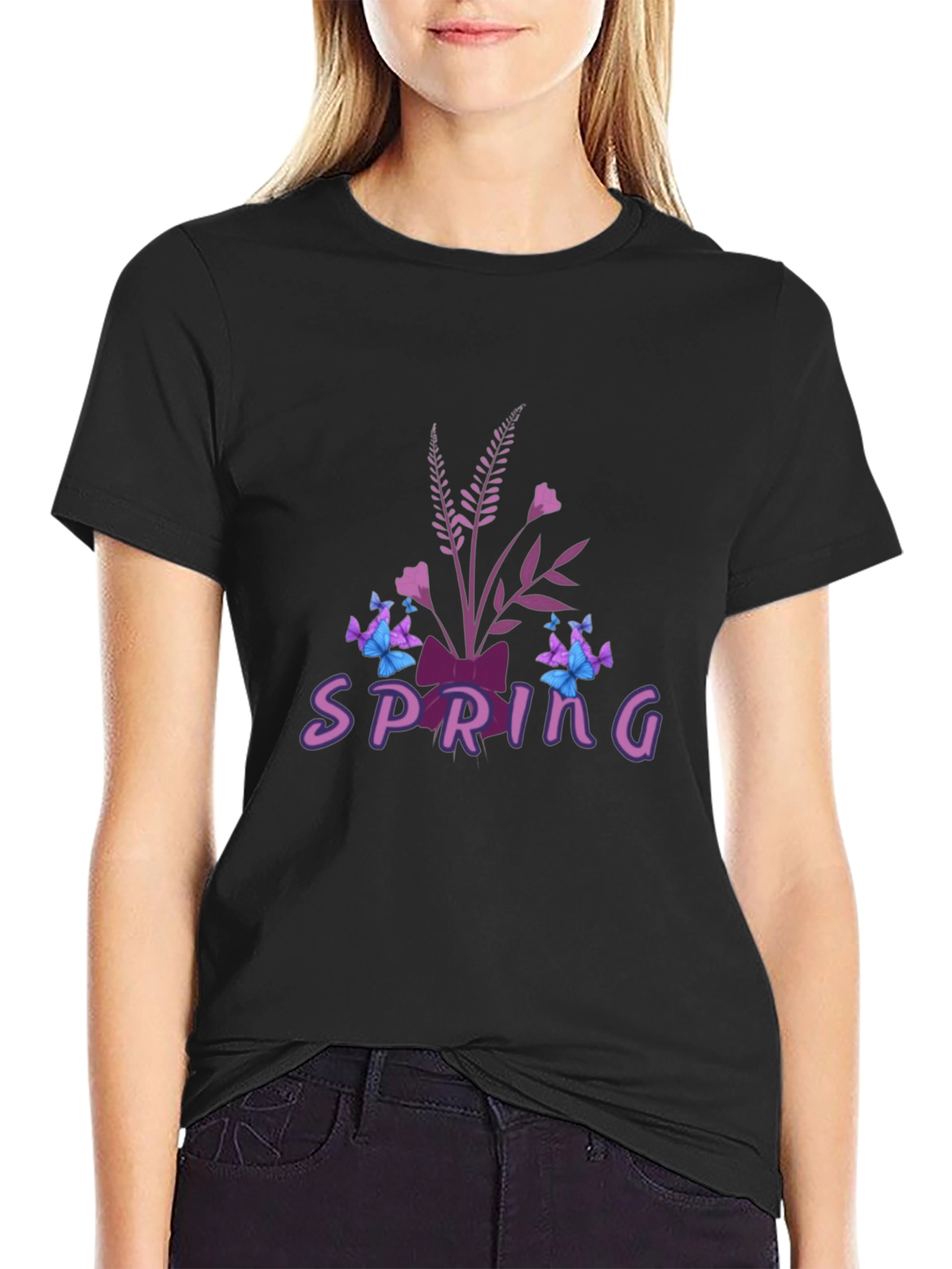 Spring Floral Butterfly Graphic Tee - Black