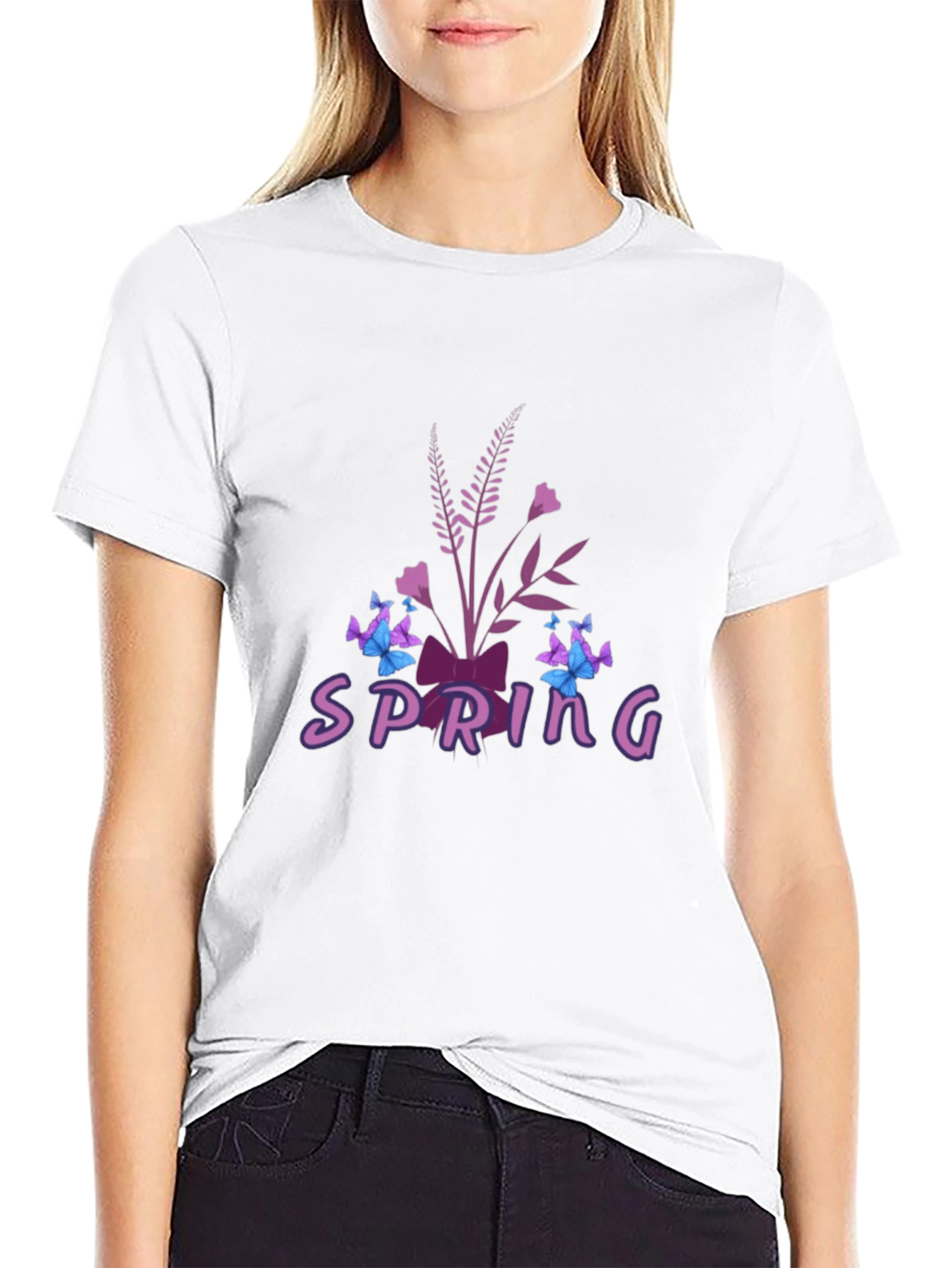 Spring Floral Butterfly Graphic Tee - Black