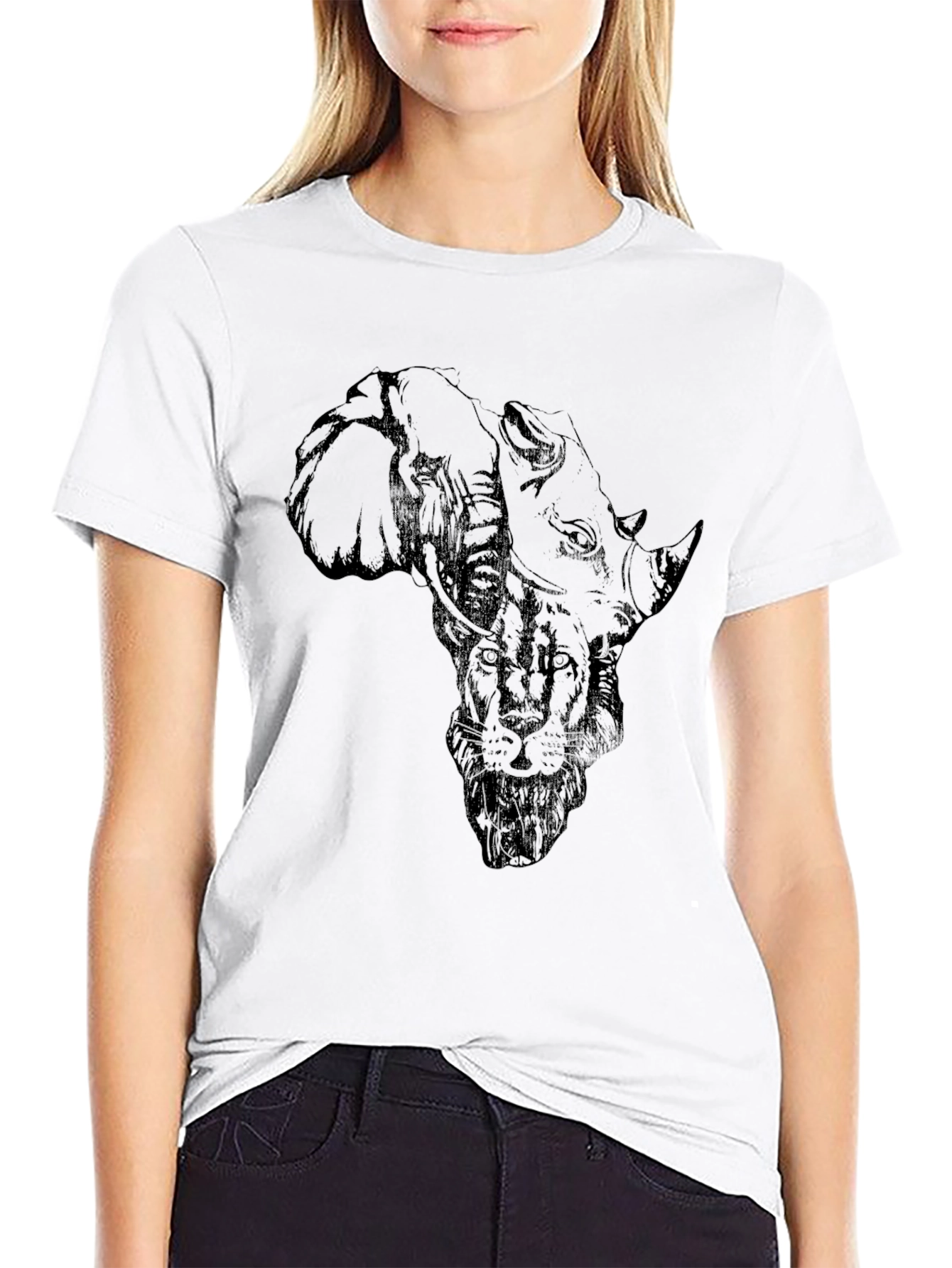 African Animals Graphic Print Black T-Shirt