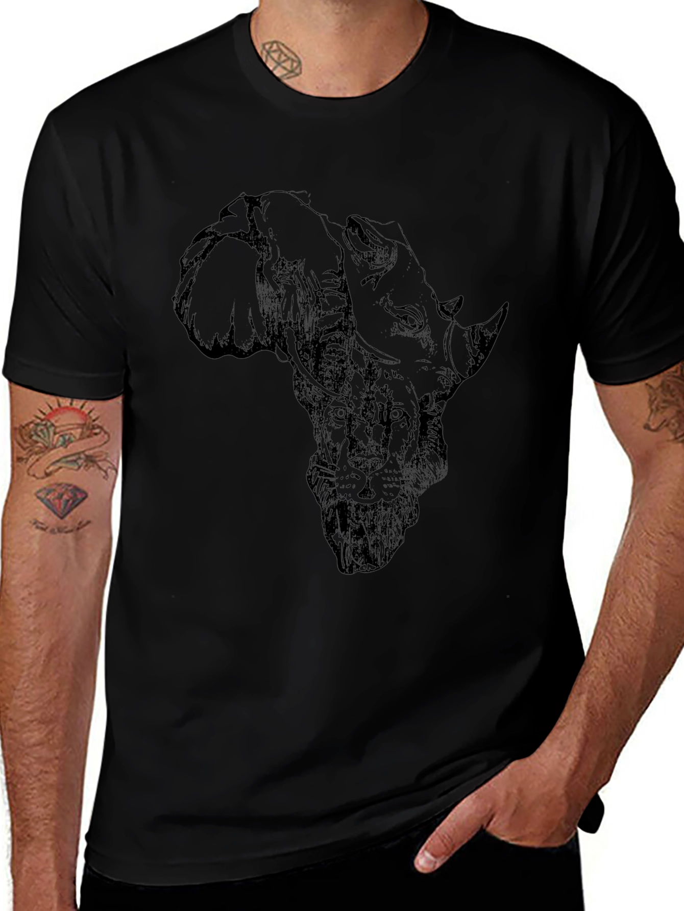 African Animals Graphic Print Black T-Shirt