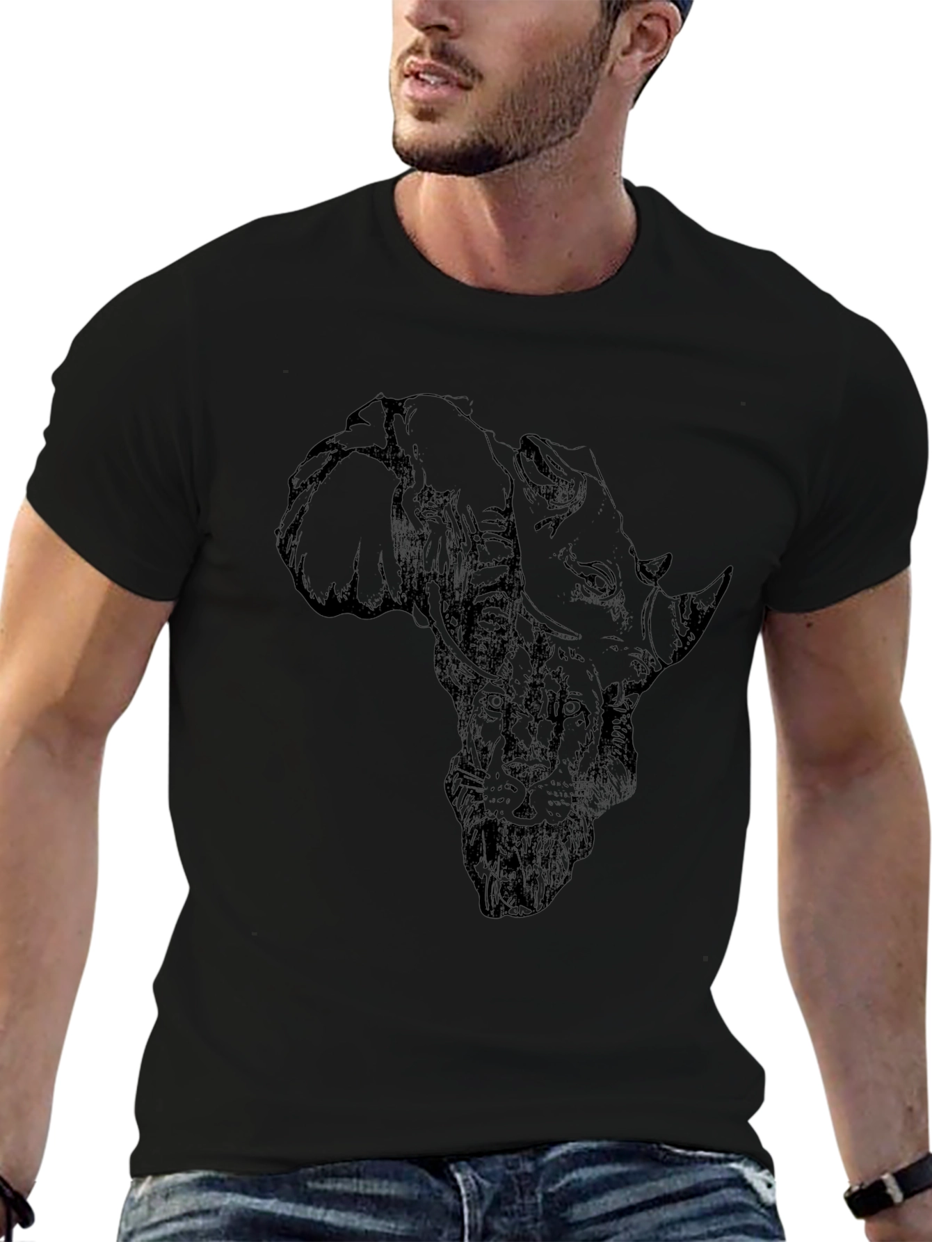 African Animals Graphic Print Black T-Shirt