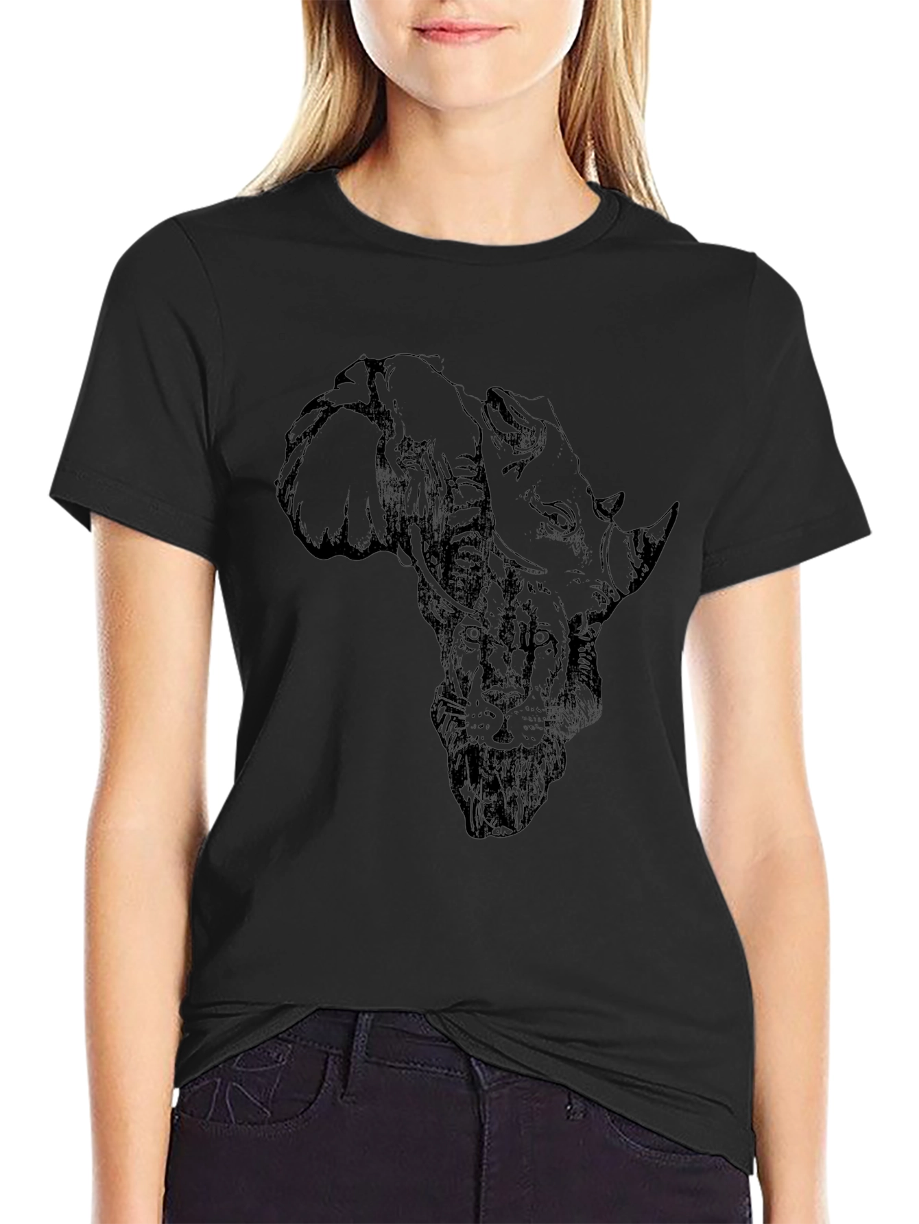 African Animals Graphic Print Black T-Shirt
