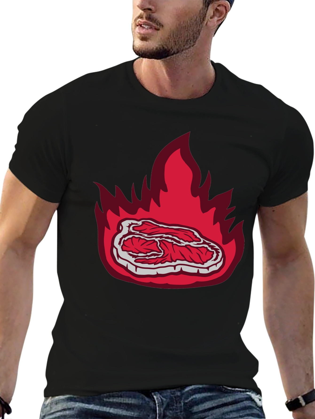 Burning Steak Graphic T-Shirt - Black Casual Tee