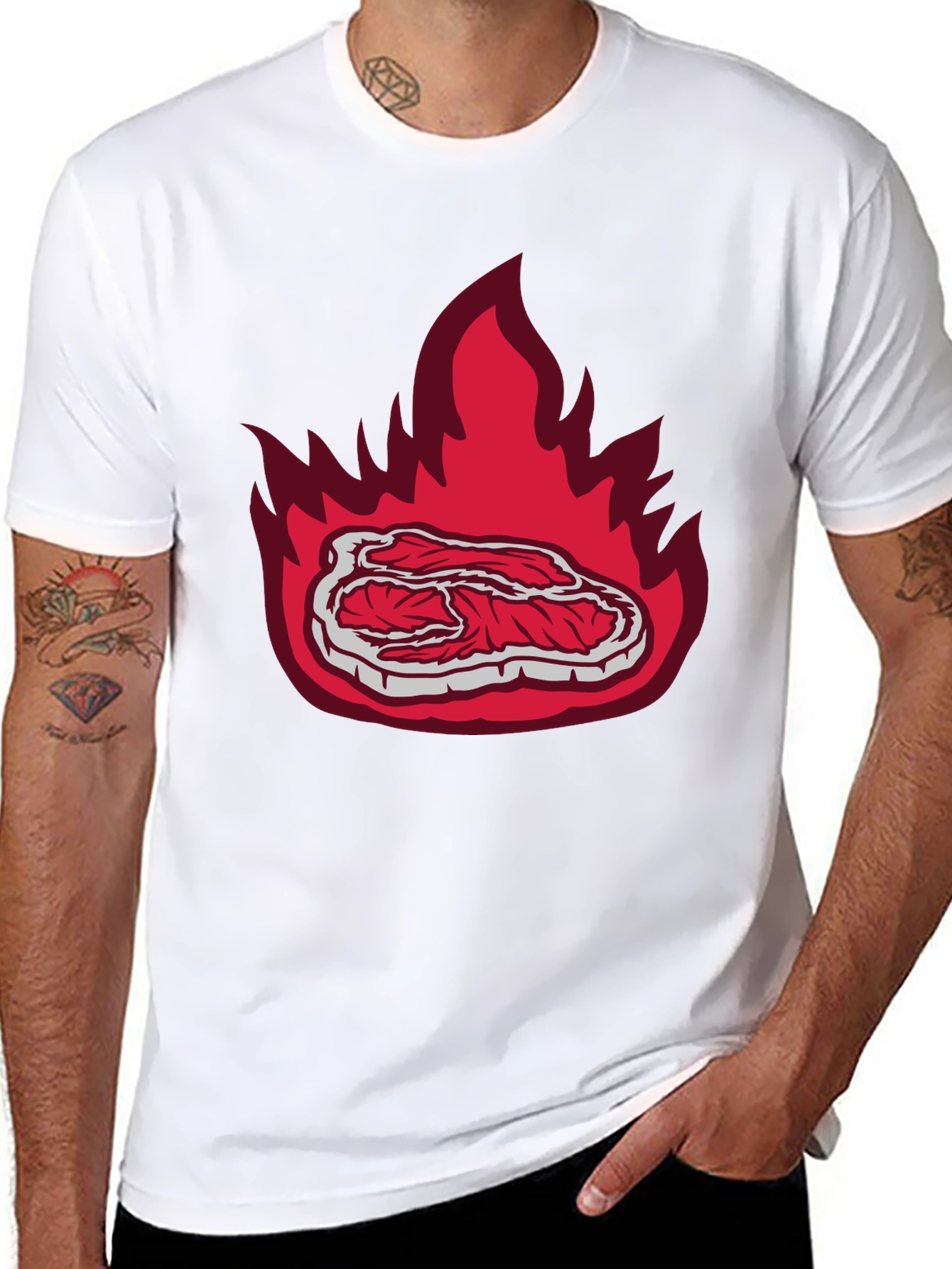 Burning Steak Graphic T-Shirt - Black Casual Tee