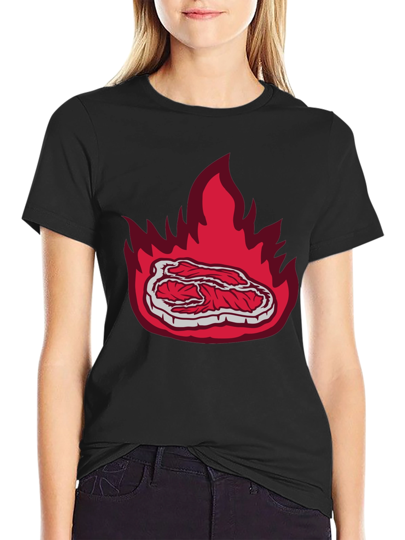 Burning Steak Graphic T-Shirt - Black Casual Tee