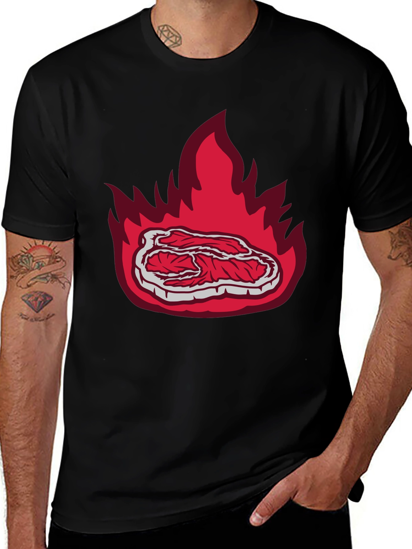 Burning Steak Graphic T-Shirt - Black Casual Tee