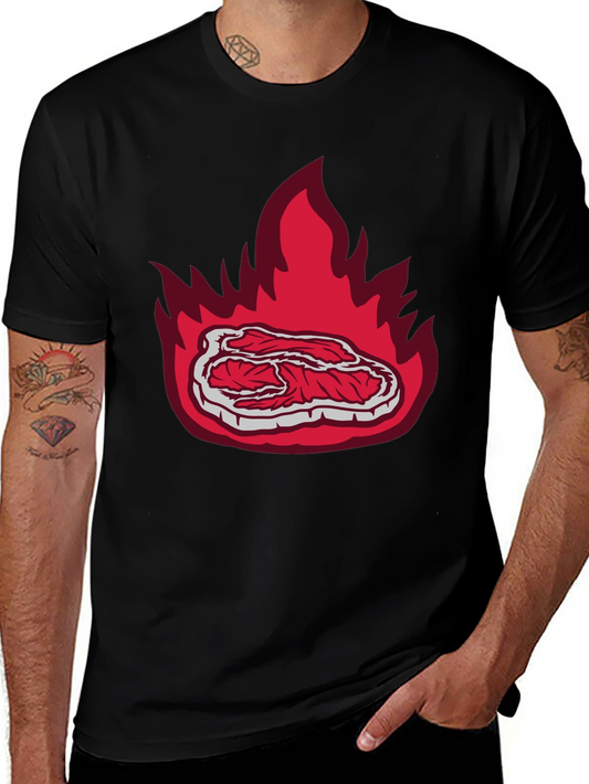 Burning Steak Graphic T-Shirt - Black Casual Tee