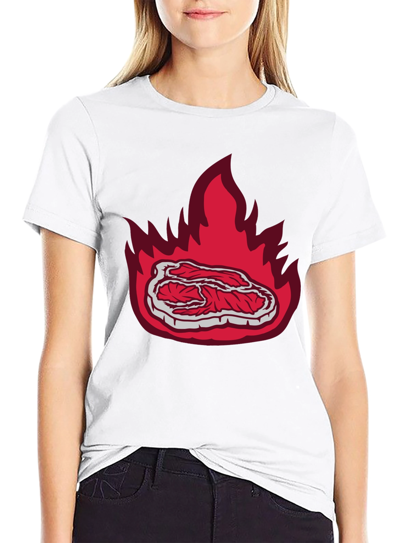 Burning Steak Graphic T-Shirt - Black Casual Tee