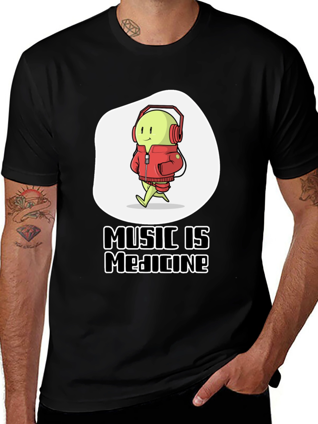 Music is Medicine T-Shirt - Cartoon Character with Headphones