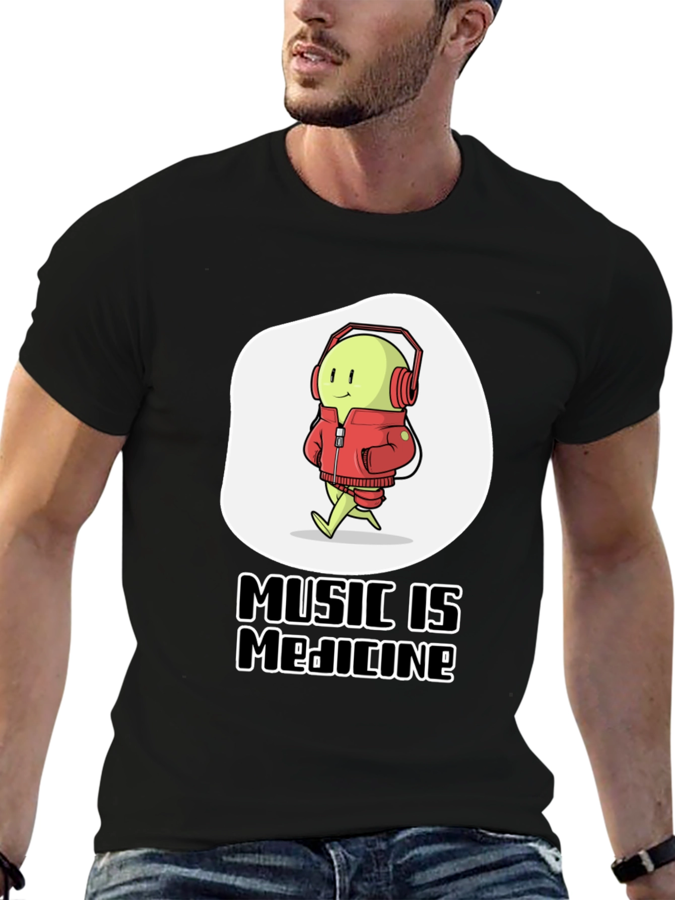 Music is Medicine T-Shirt - Cartoon Character with Headphones