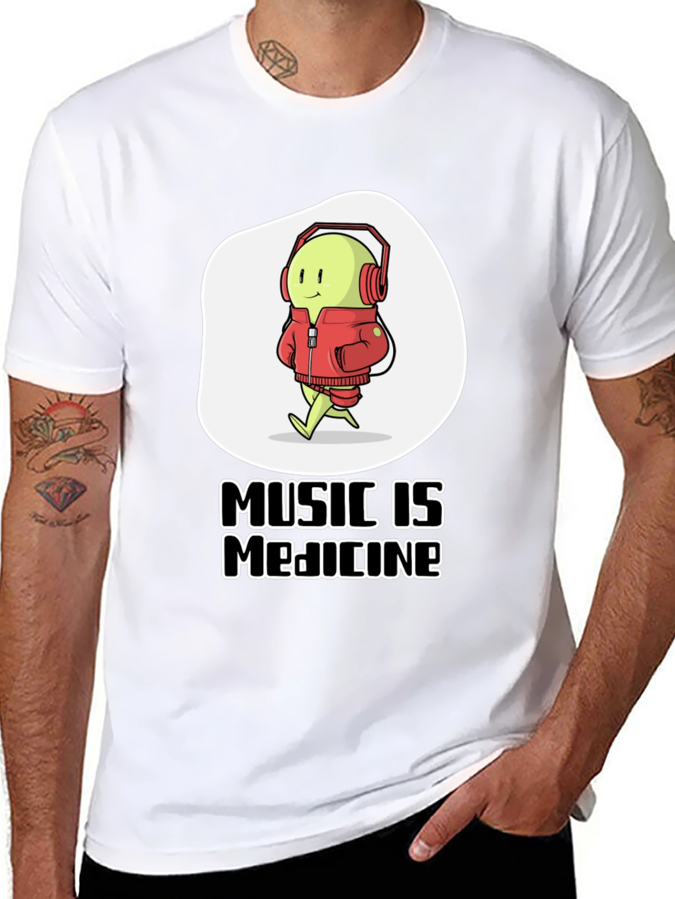 Music is Medicine T-Shirt - Cartoon Character with Headphones