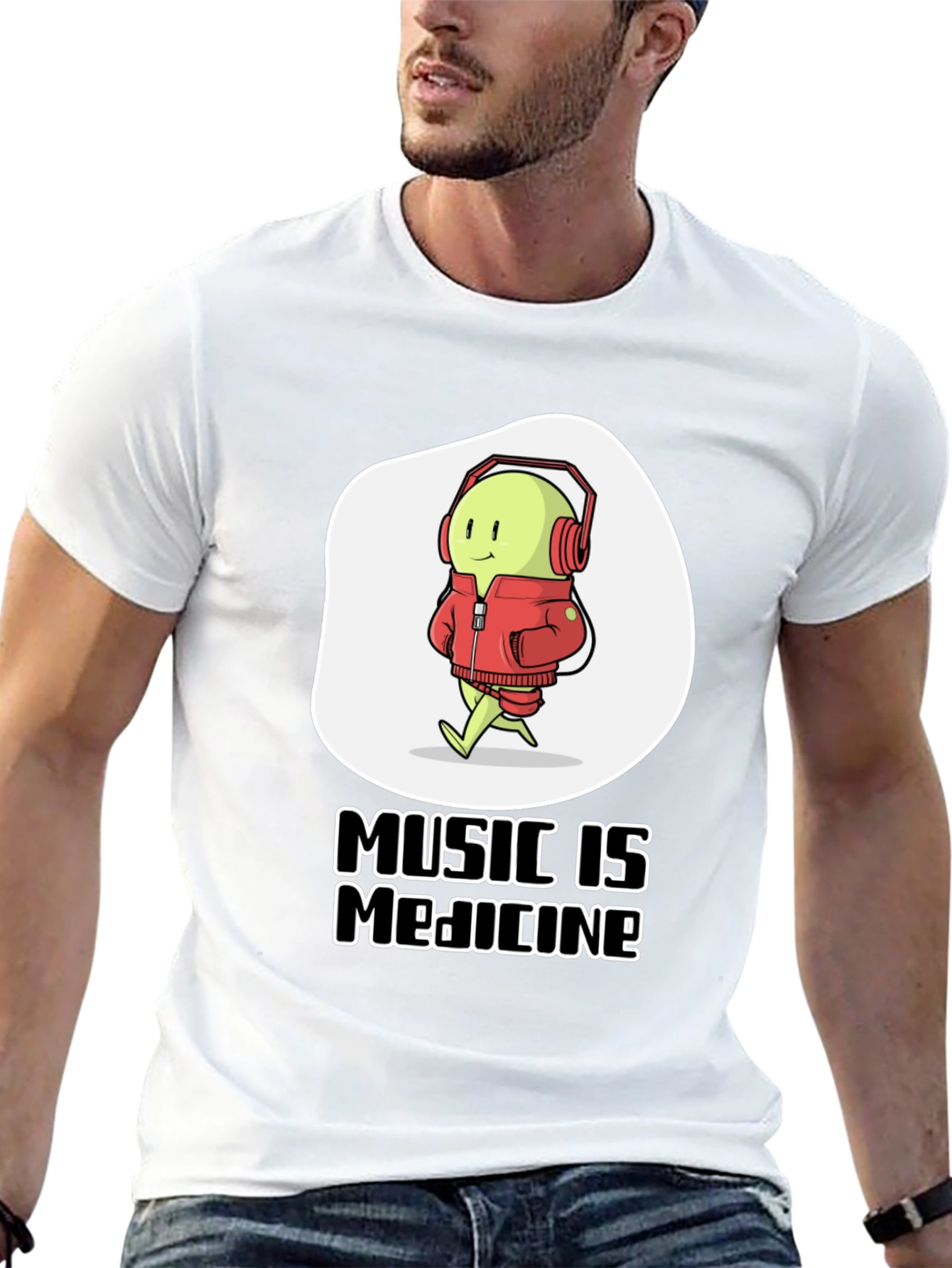 Music is Medicine T-Shirt - Cartoon Character with Headphones
