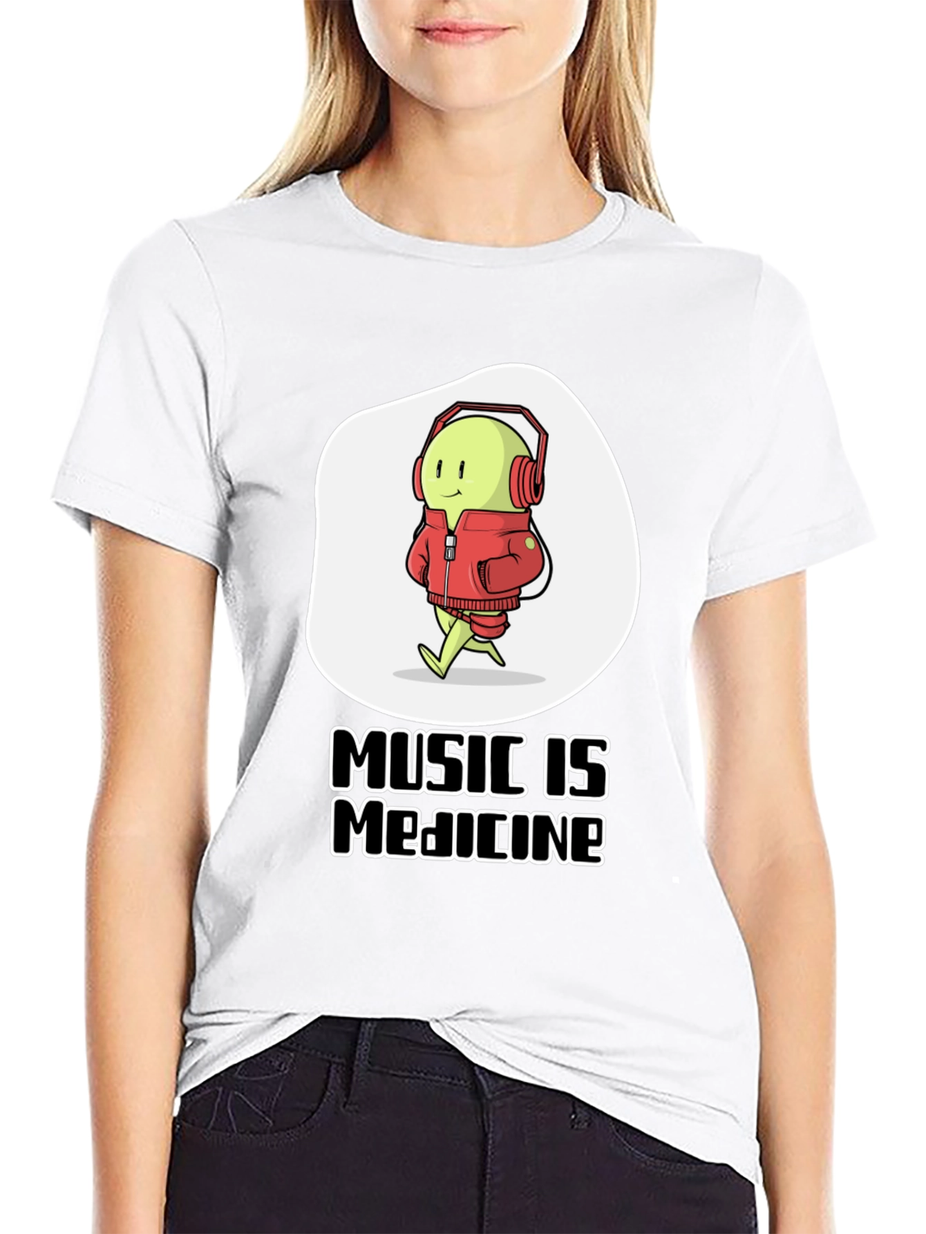 Music is Medicine T-Shirt - Cartoon Character with Headphones