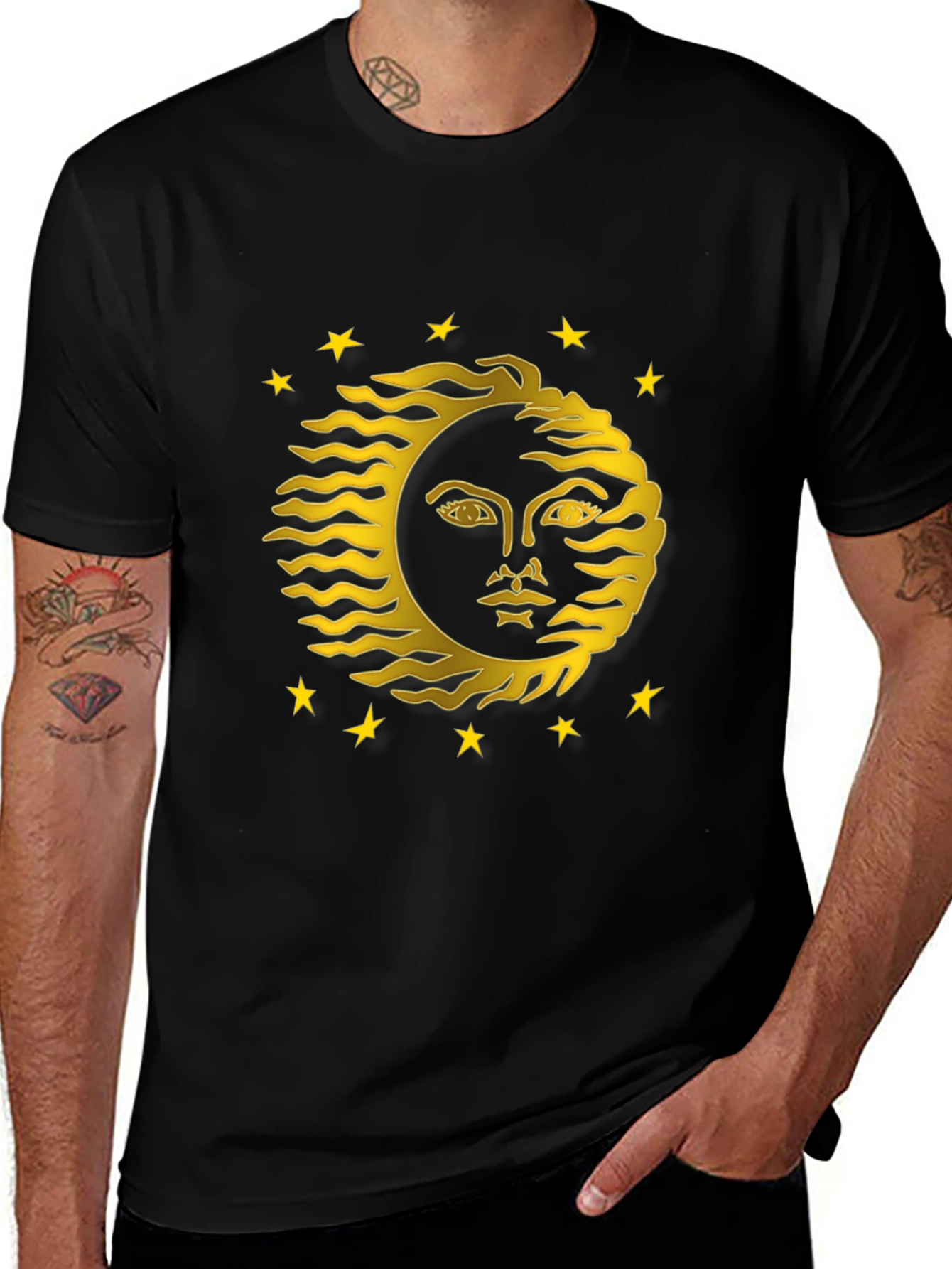 Celestial Sun Face Graphic Tee - Black Cotton T-Shirt