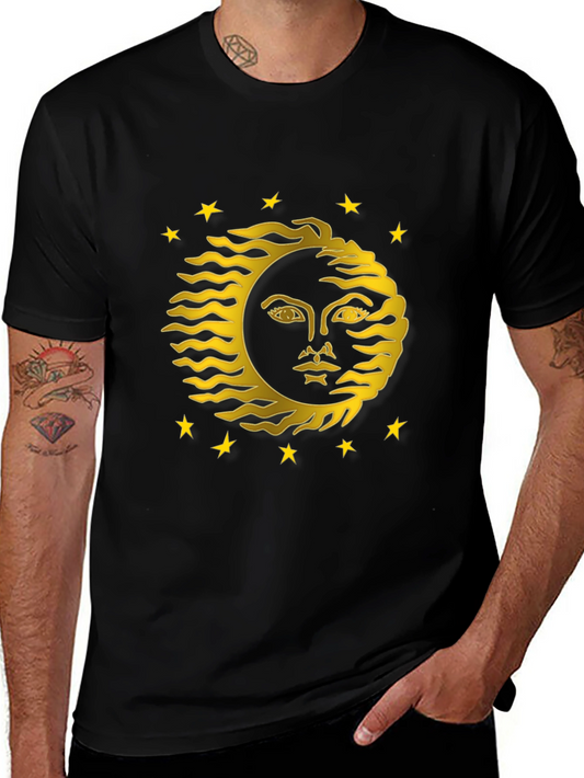 Celestial Sun Face Graphic Tee - Black Cotton T-Shirt
