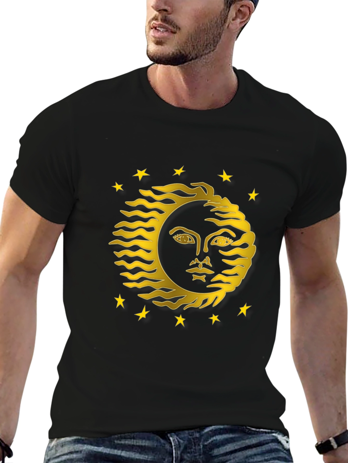 Celestial Sun Face Graphic Tee - Black Cotton T-Shirt