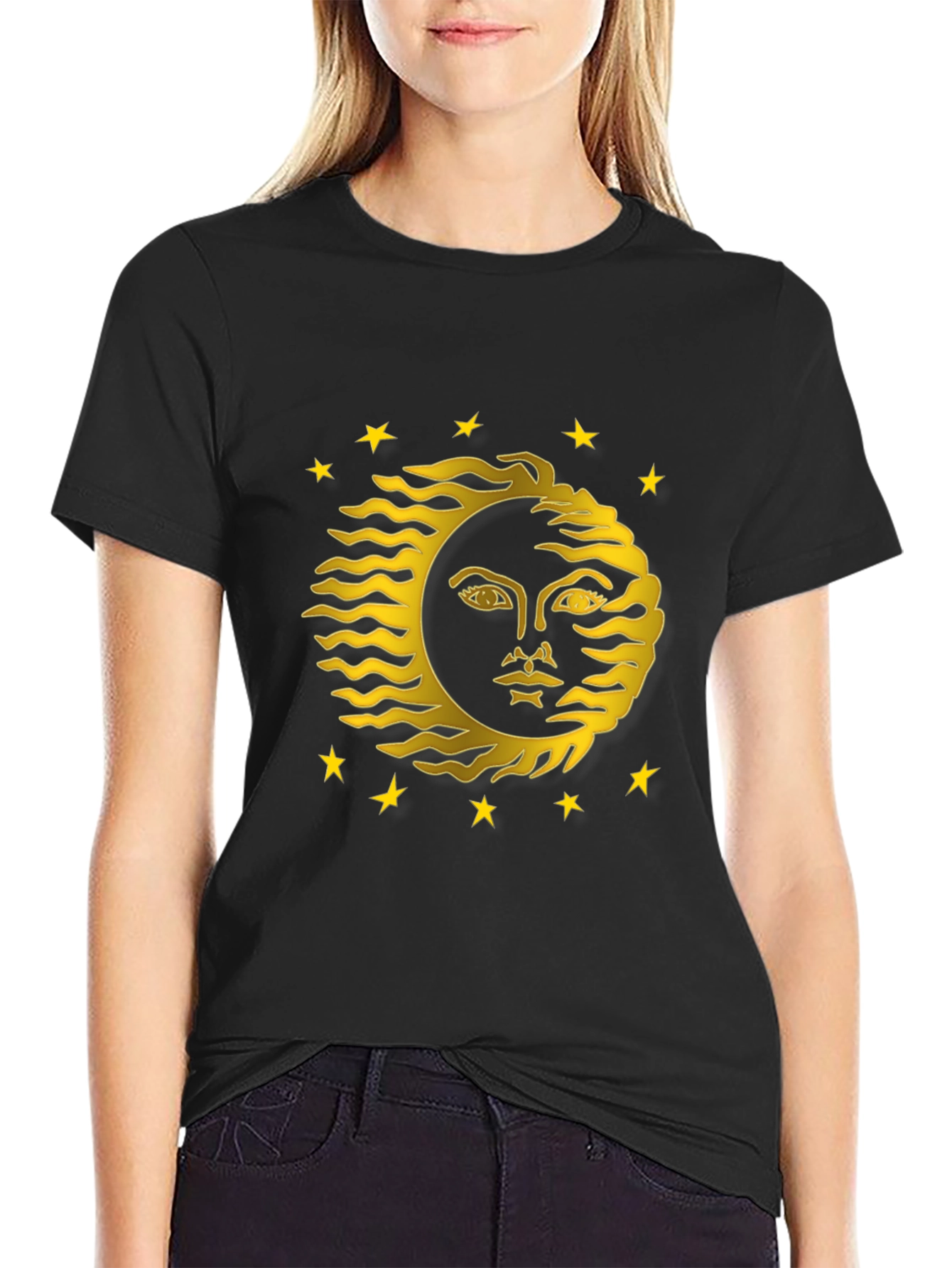 Celestial Sun Face Graphic Tee - Black Cotton T-Shirt