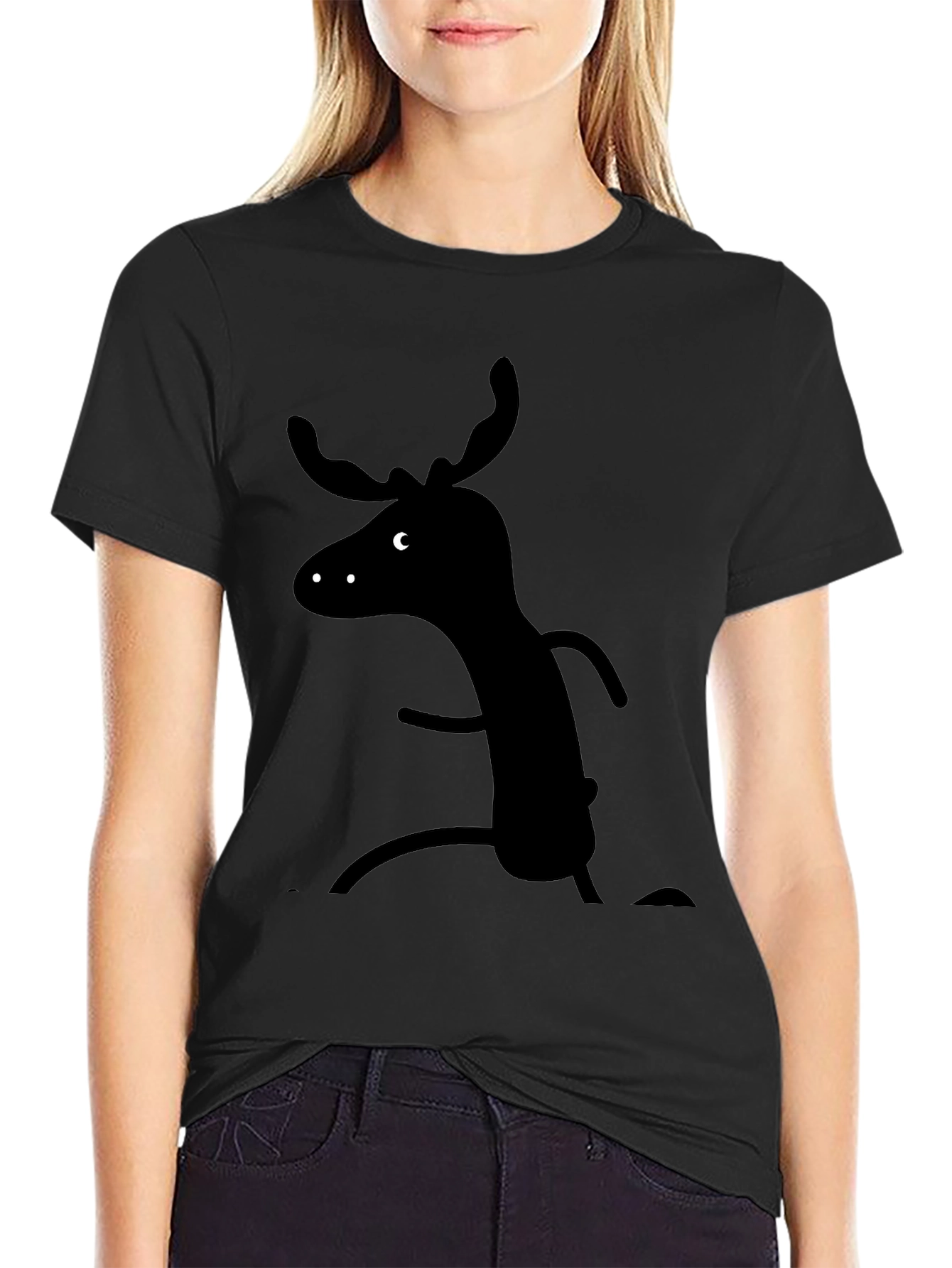 Whimsical Moose Graphic Tee - Black Cotton T-Shirt
