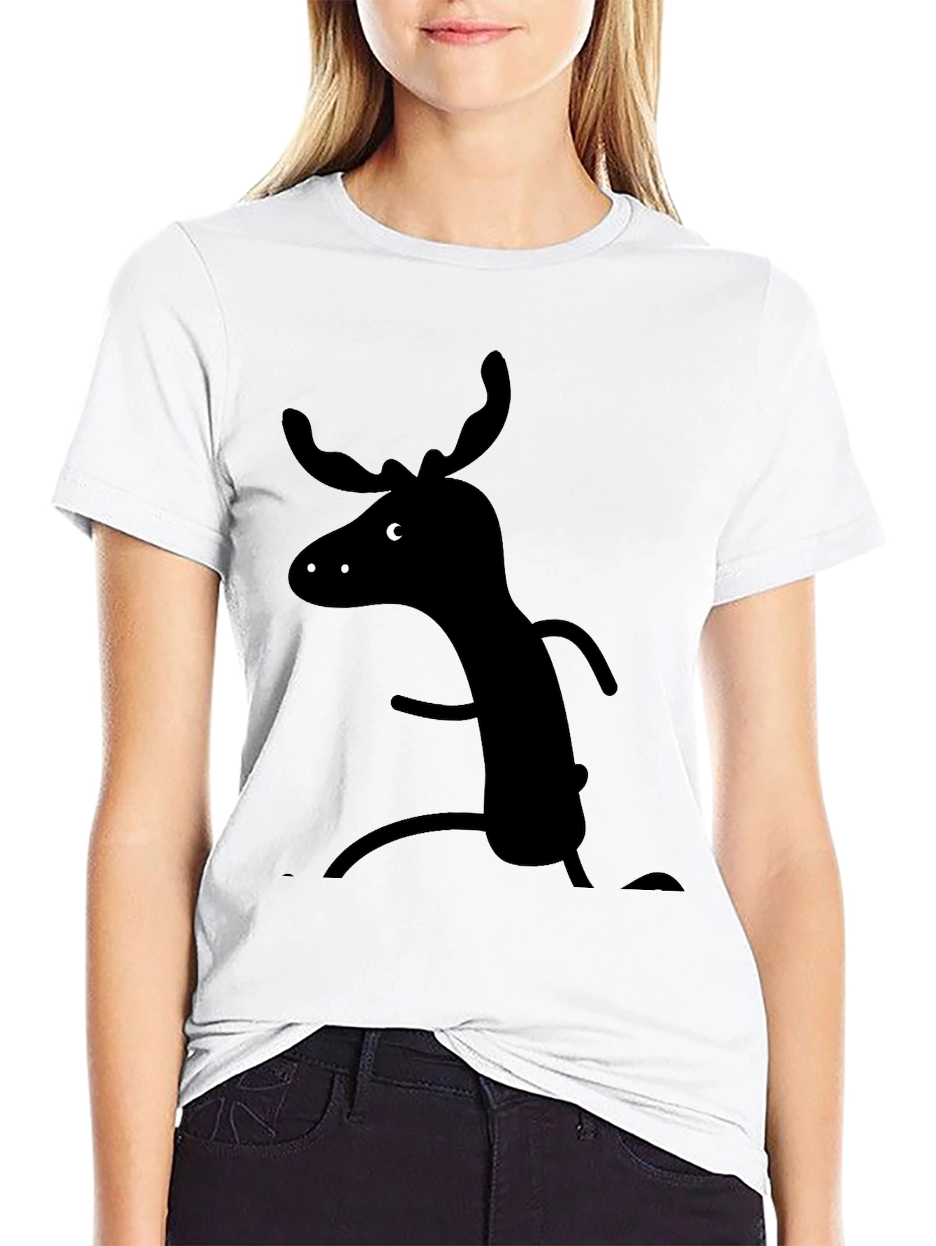 Whimsical Moose Graphic Tee - Black Cotton T-Shirt