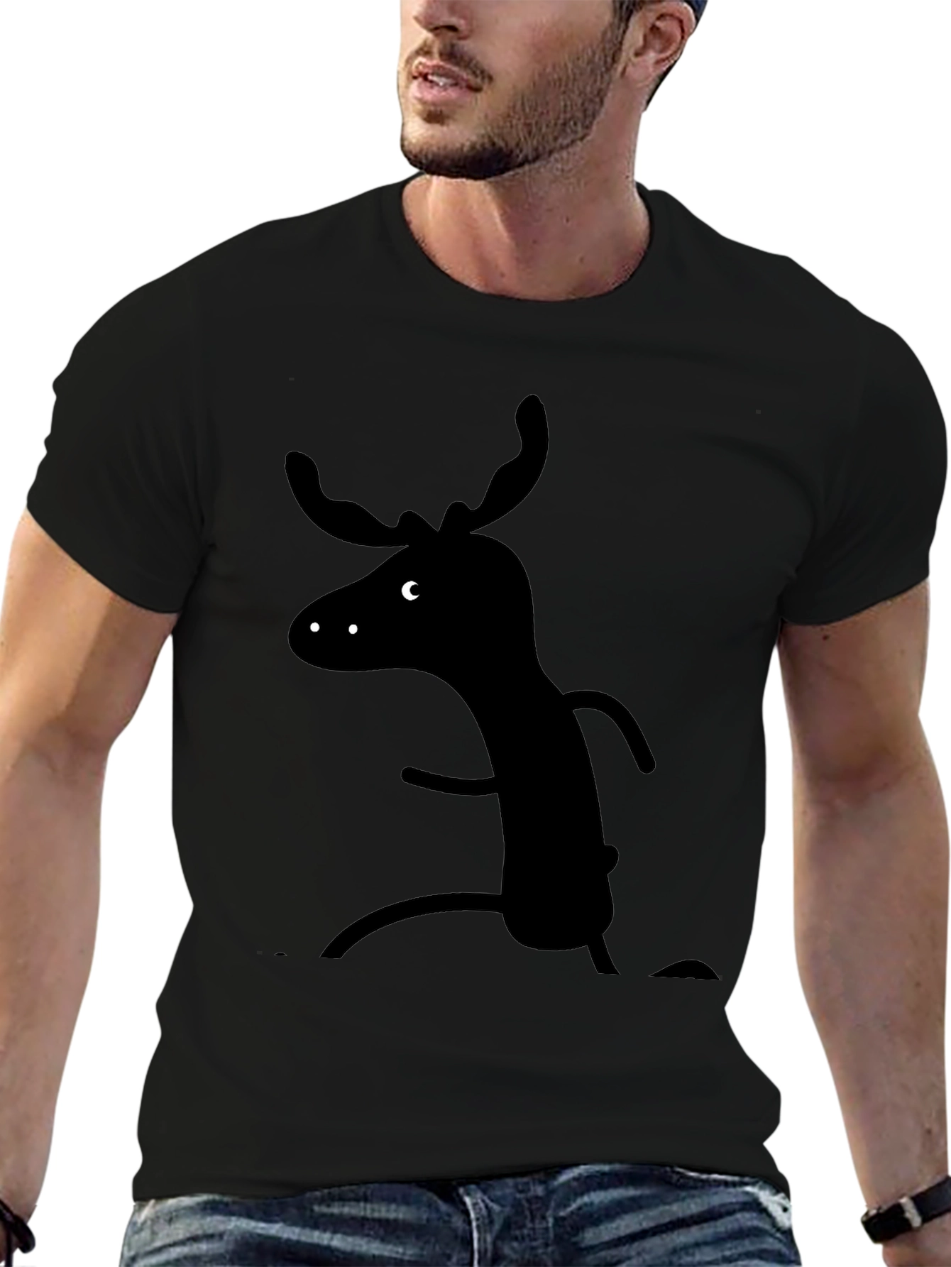 Whimsical Moose Graphic Tee - Black Cotton T-Shirt