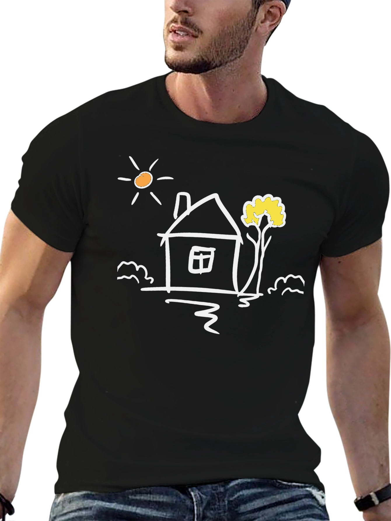 Black Cotton Tee with Whimsical House Graphic