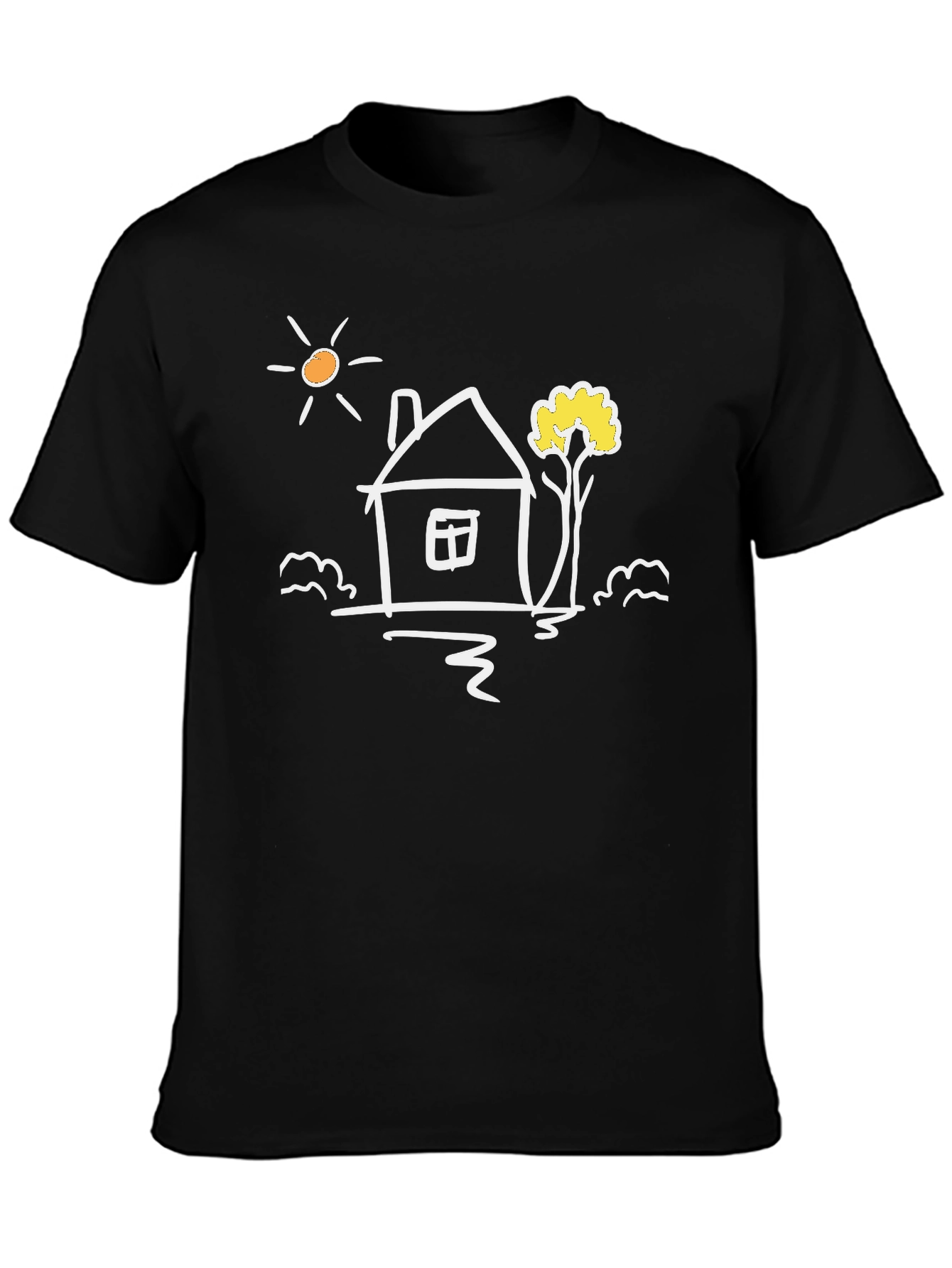 Black Cotton Tee with Whimsical House Graphic