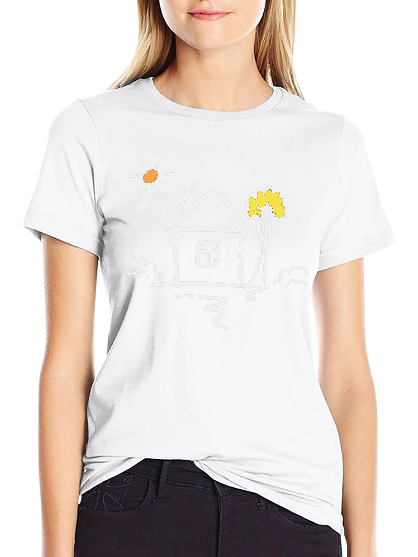 Black Cotton Tee with Whimsical House Graphic