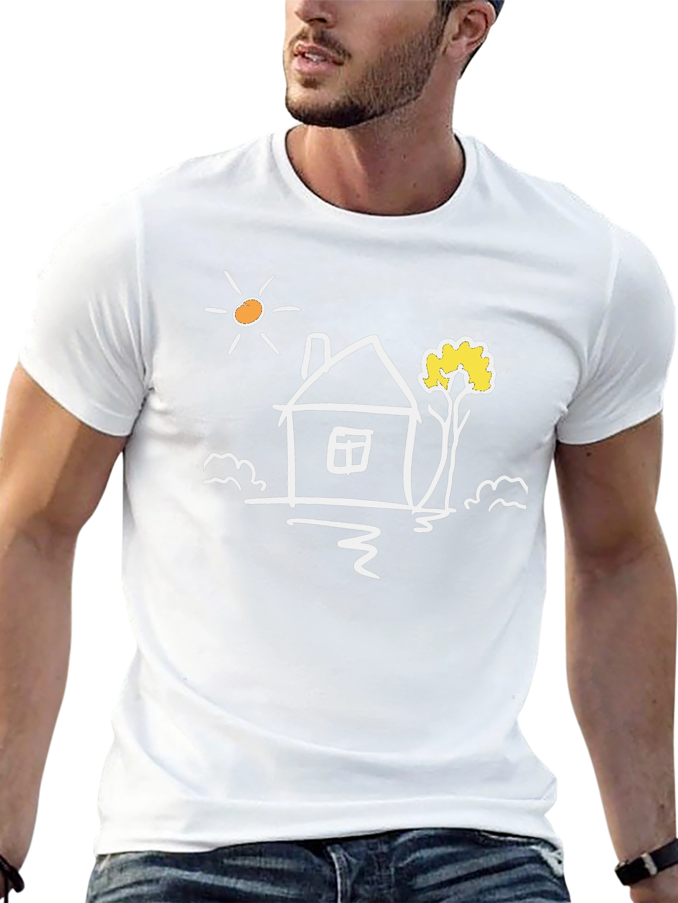 Black Cotton Tee with Whimsical House Graphic