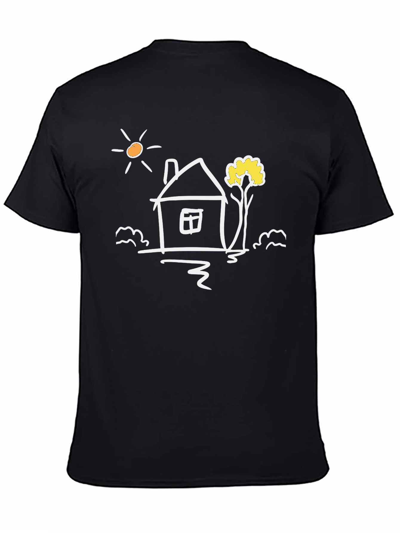 Black Cotton Tee with Whimsical House Graphic