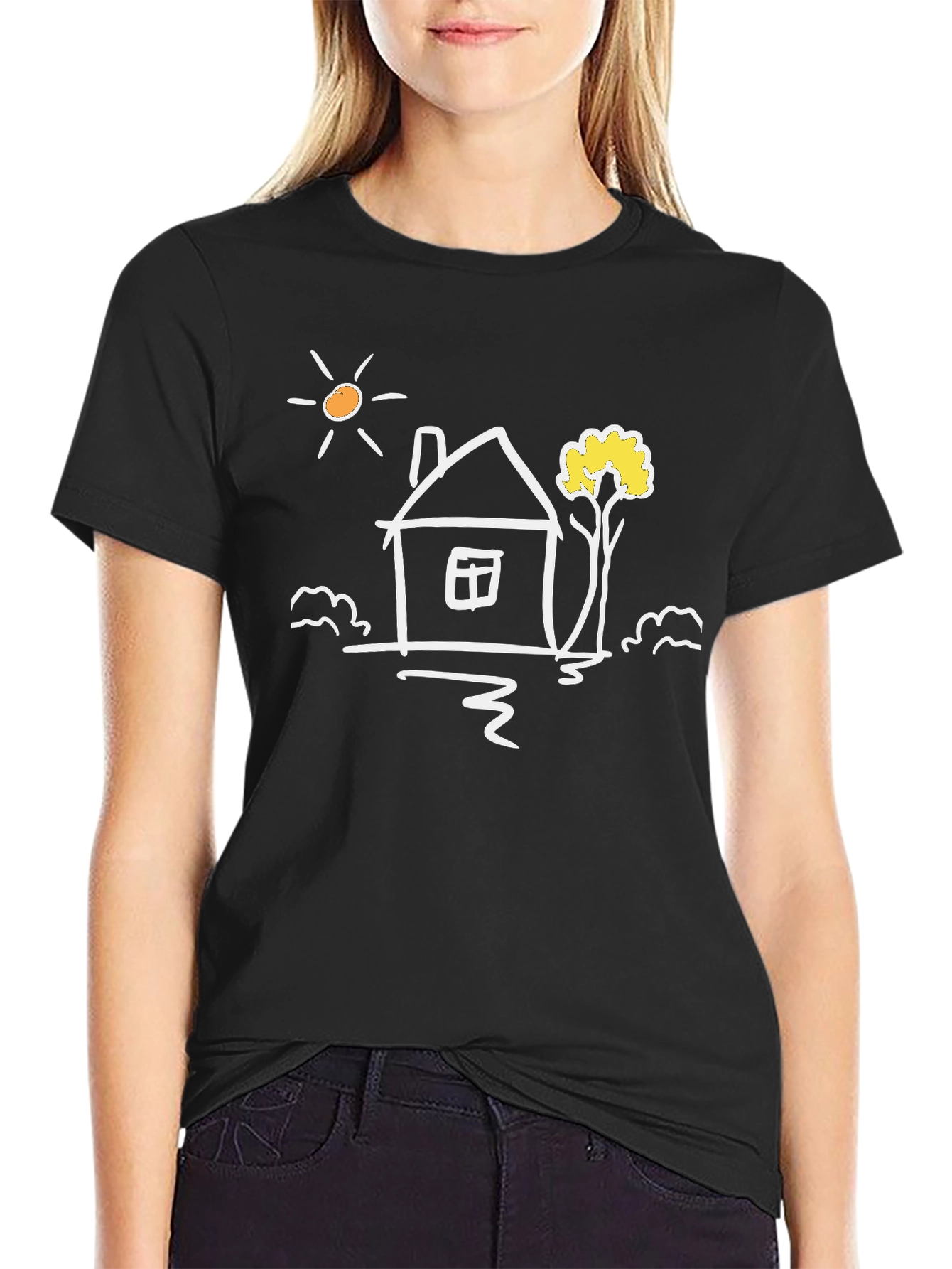 Black Cotton Tee with Whimsical House Graphic