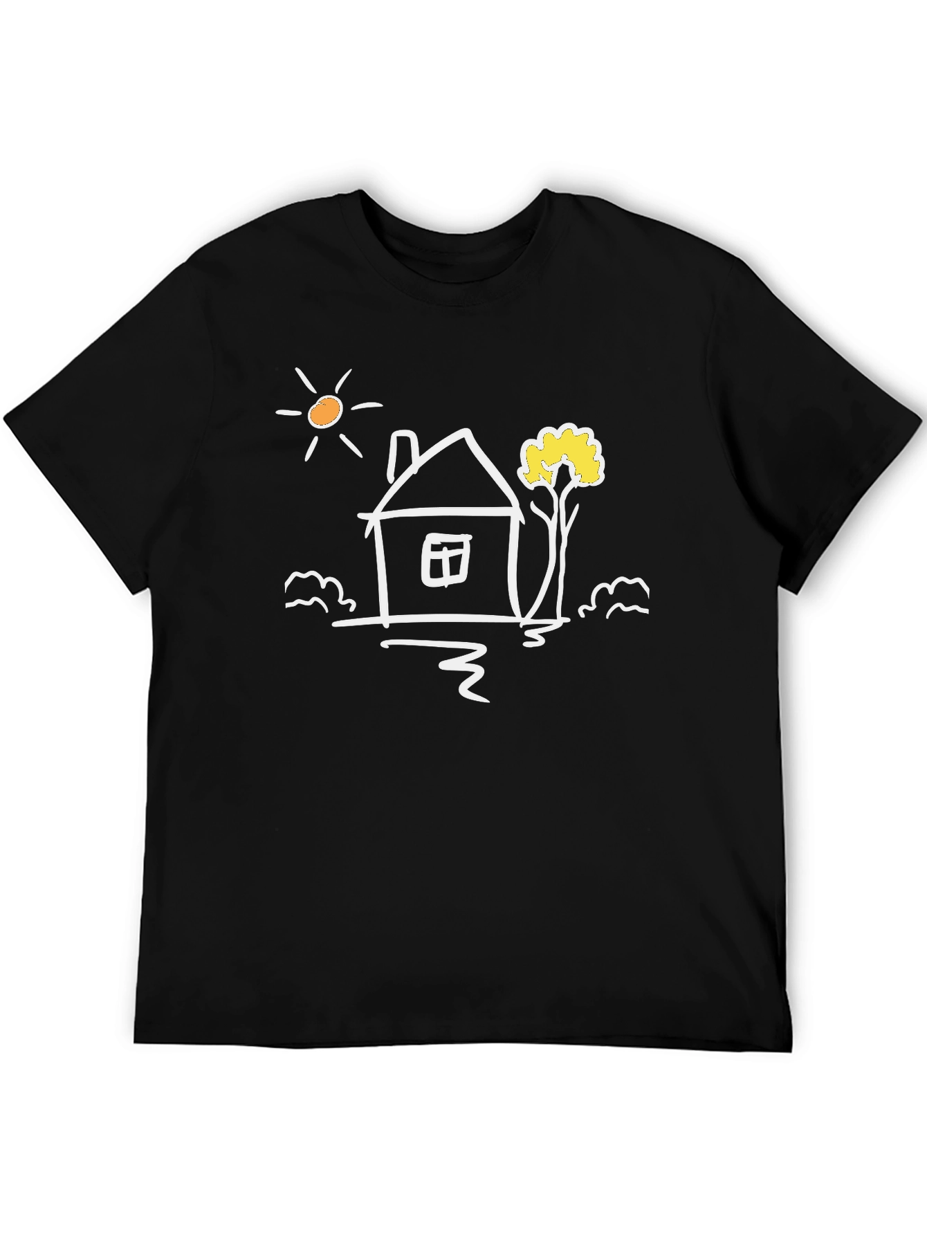 Black Cotton Tee with Whimsical House Graphic